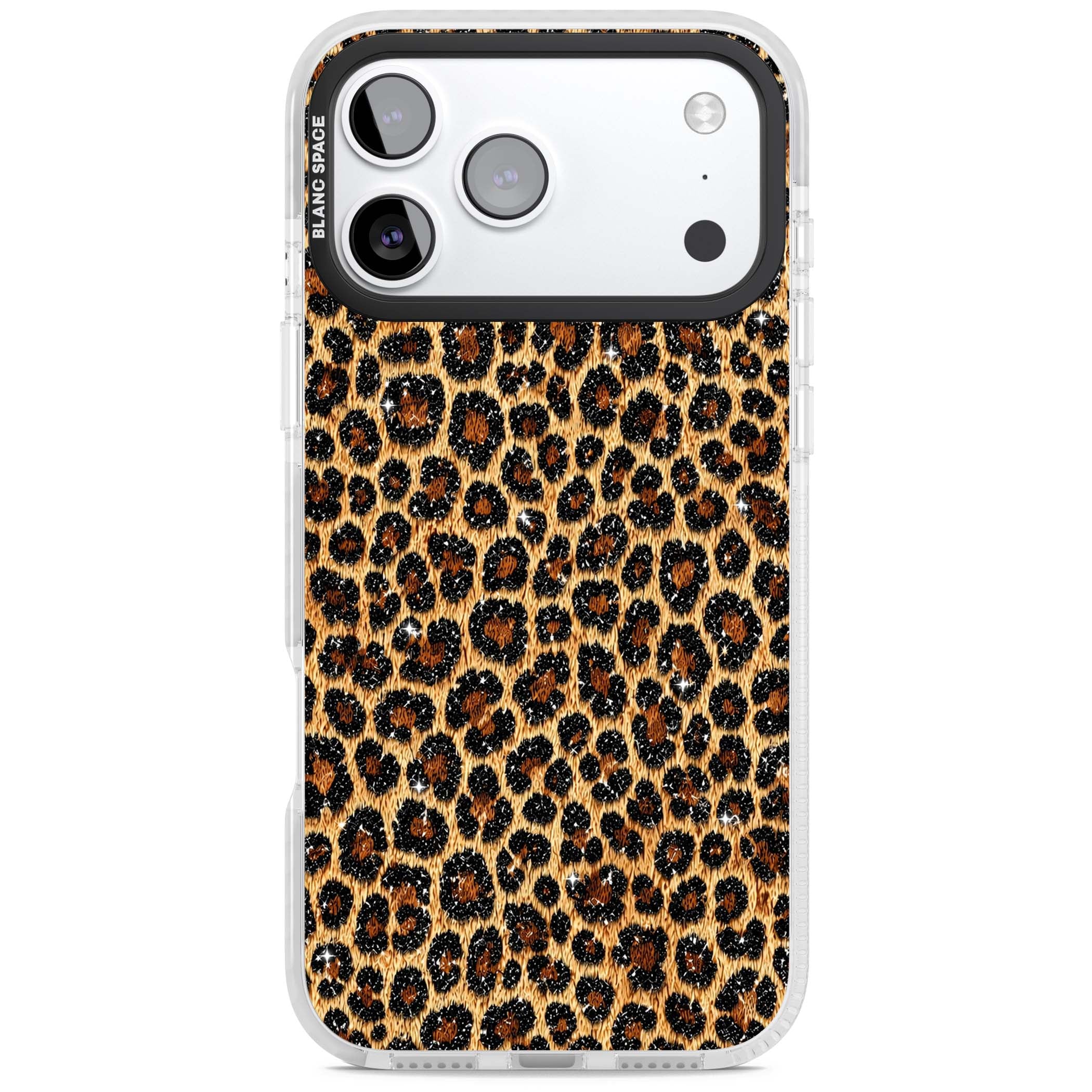 Diamond Leopard leopard print iPhone case featuring golden tan fur, black rosette spots and subtle glitter sparkle | Impact Magsafe case for iPhone 17 Pro, iPhone 17 Pro Max