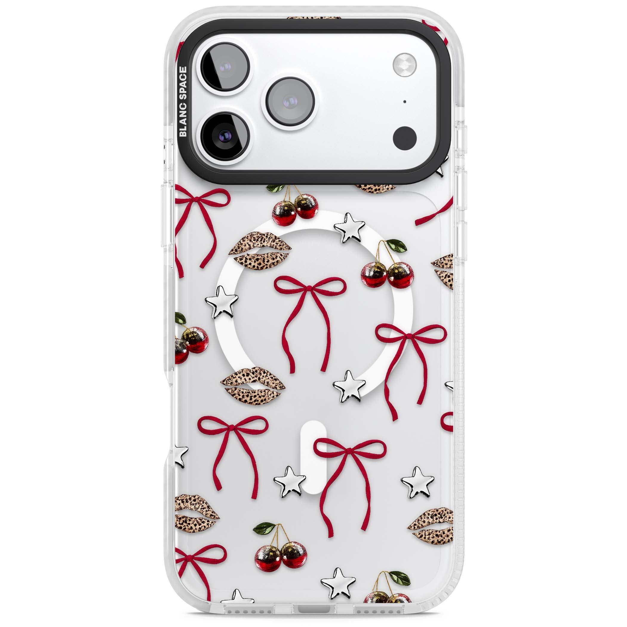 Starlet coquette iPhone case featuring red ribbon bows, disco cherries and leopard-print lips | Impact Magsafe case for iPhone 17 Pro, iPhone 17 Pro Max