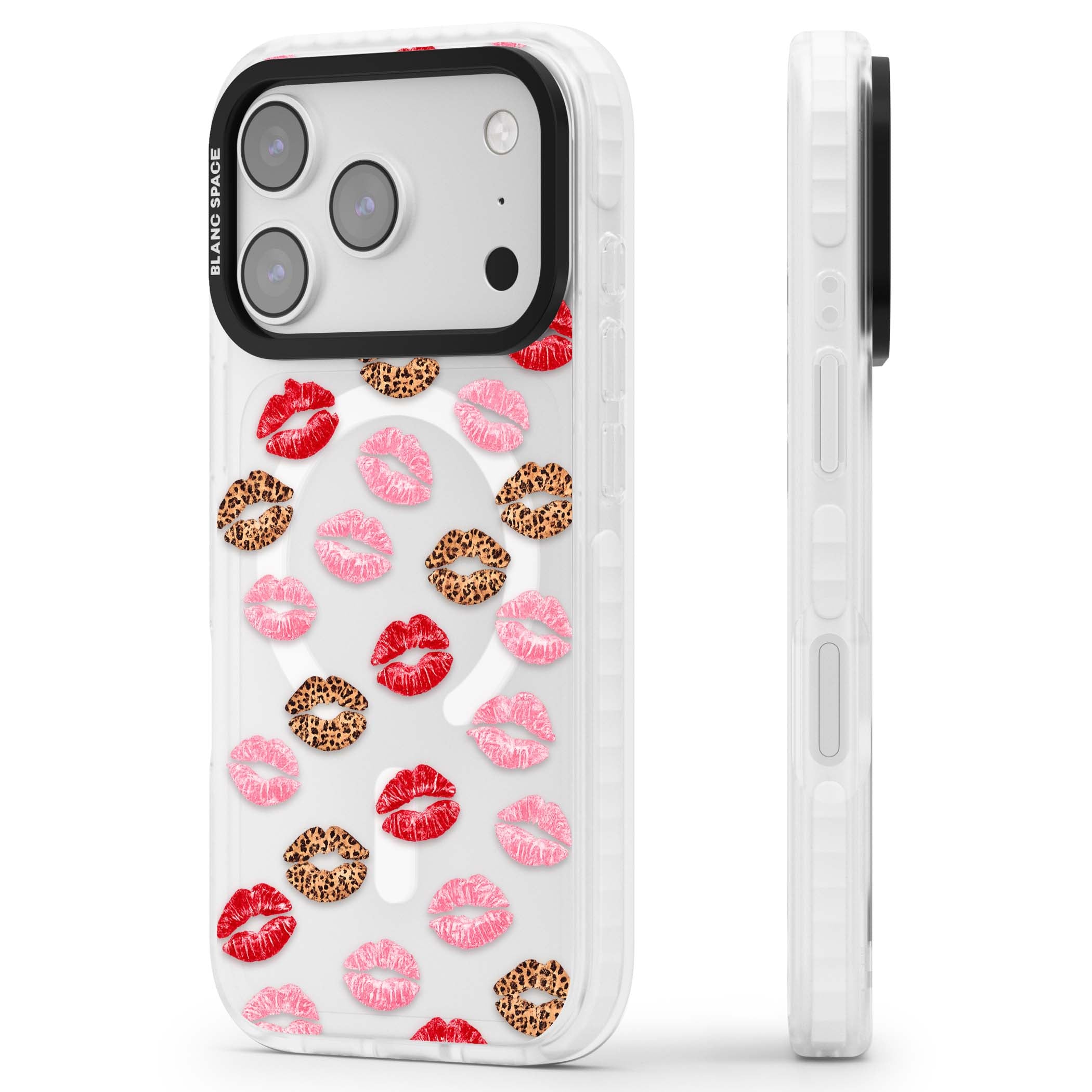 Wild Kisses coquette iPhone case featuring red, pink and leopard print lipstick kiss marks on a clear background | Impact Magsafe case for iPhone 17 Pro, iPhone 17 Pro Max