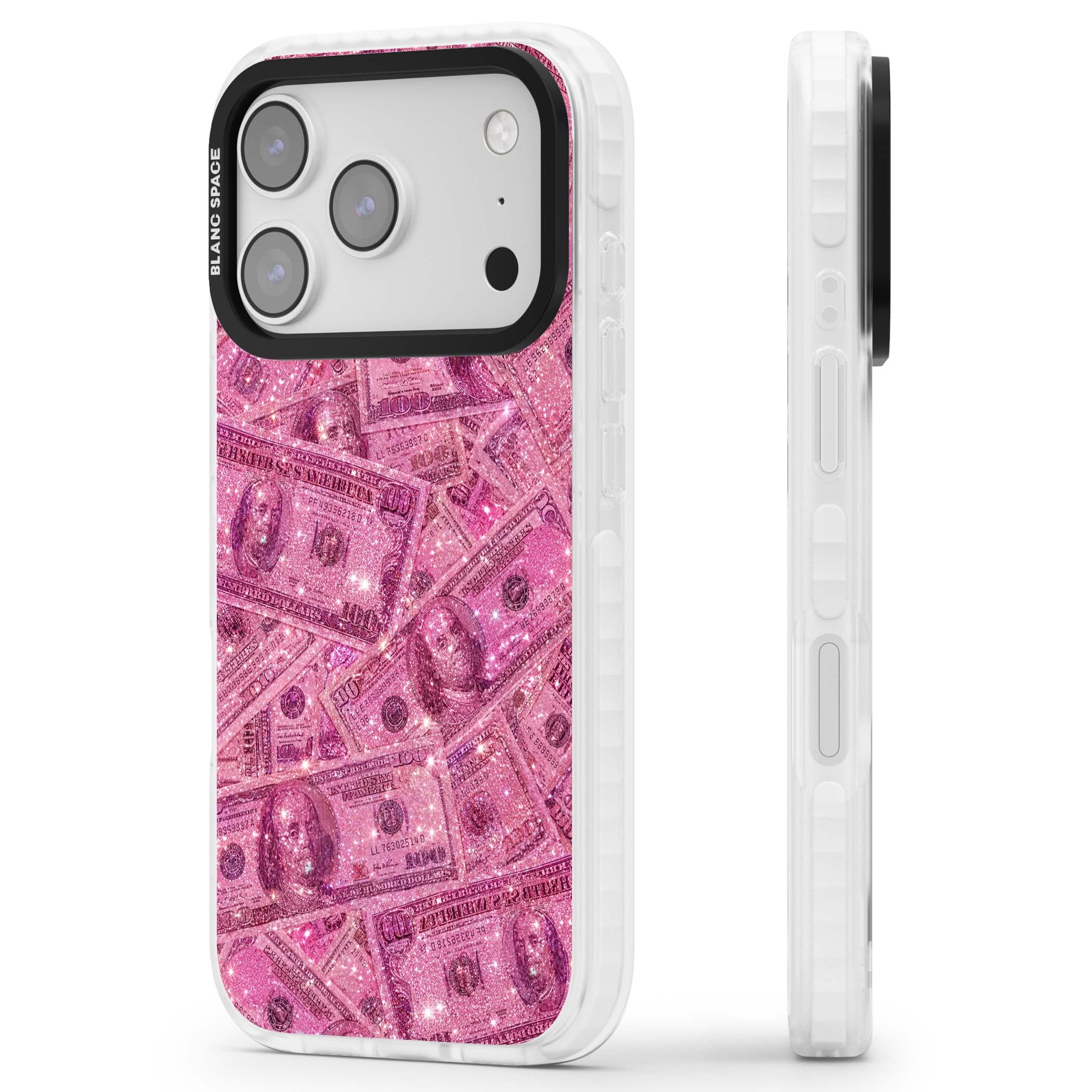 Glamorous baddie iPhone case featuring pink glitter hundred dollar bills and sparkling money wallpaper design | Impact Magsafe case for iPhone 17 Pro, iPhone 17 Pro Max