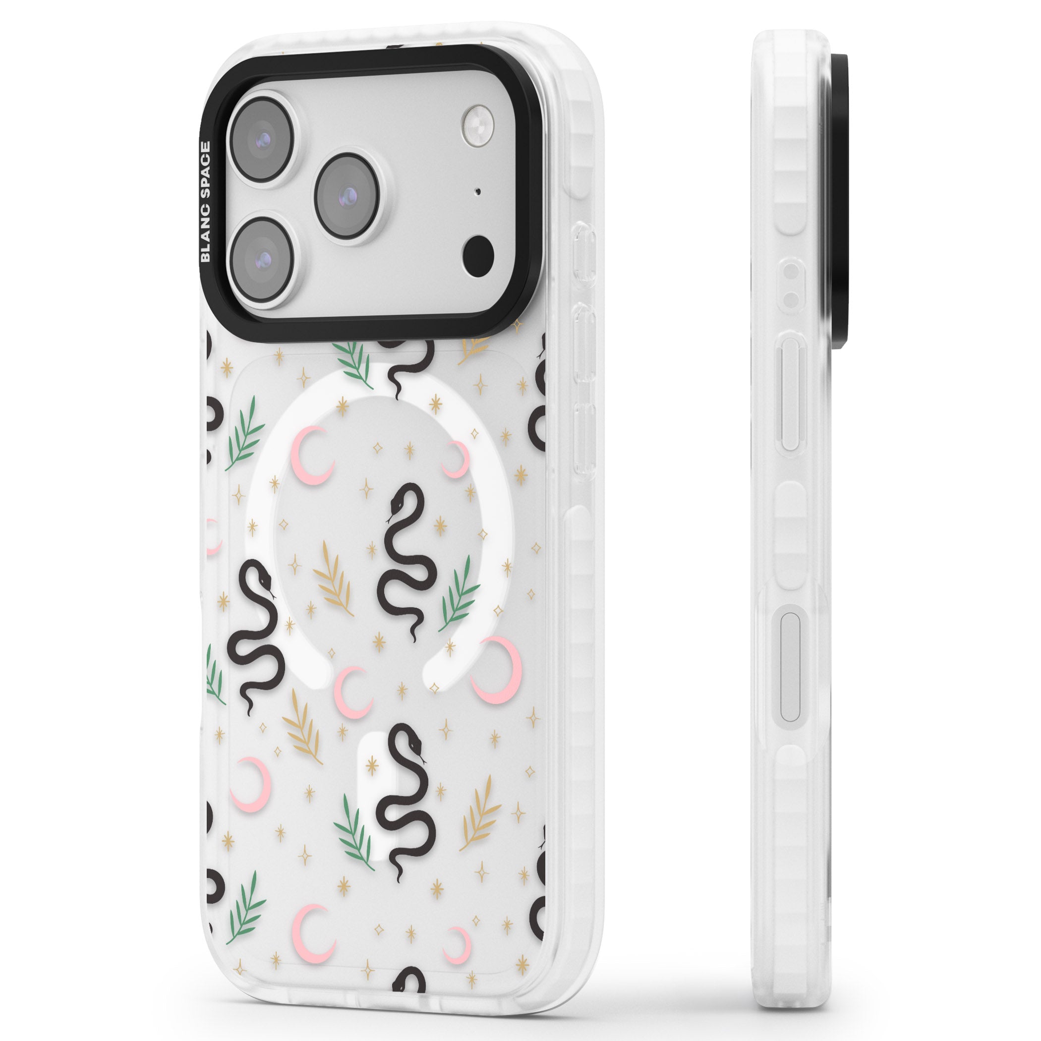 Snake & Moon Pattern iPhone 17 Pro Impact Pro Clear Phone Case Side Profile