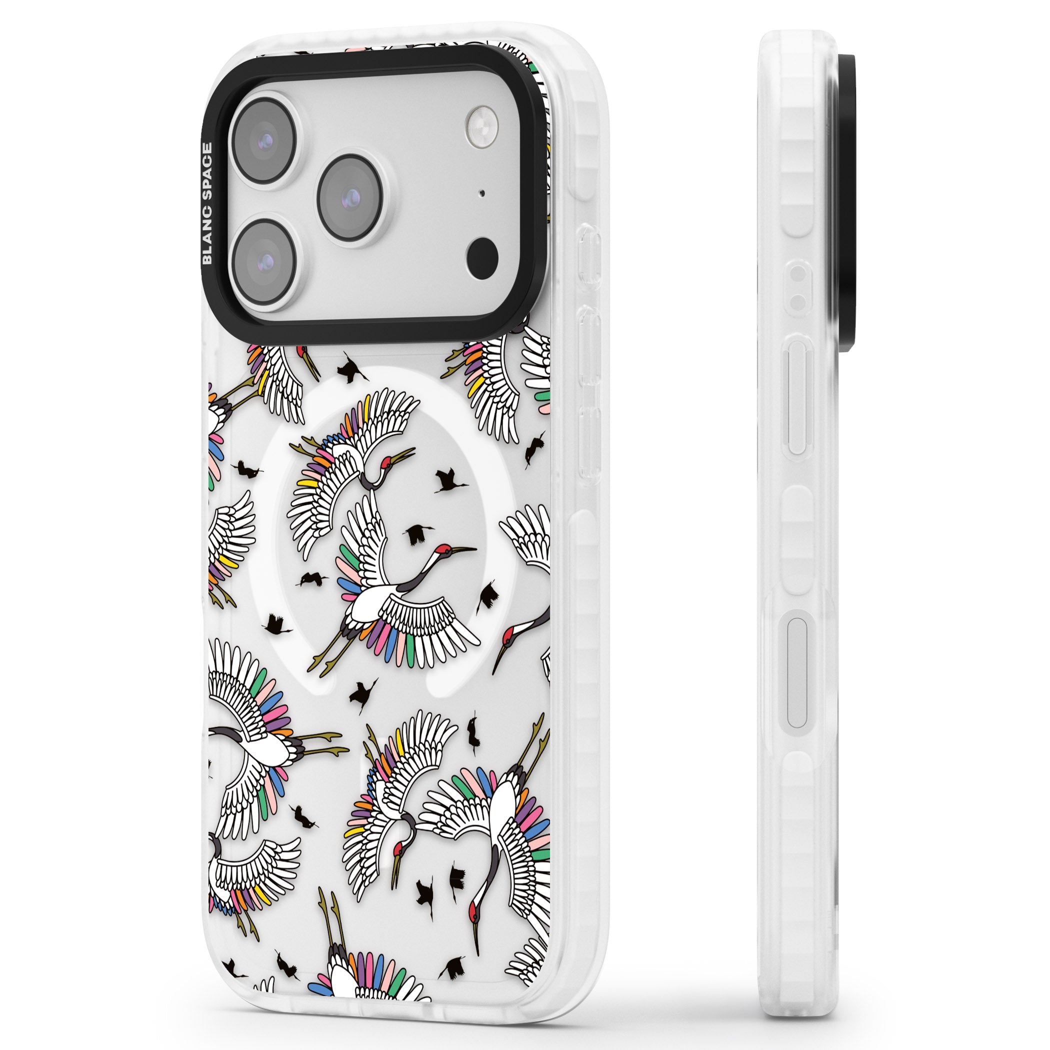 Colourful Crane Pattern iPhone 17 Pro Impact Pro Clear Phone Case Side Profile