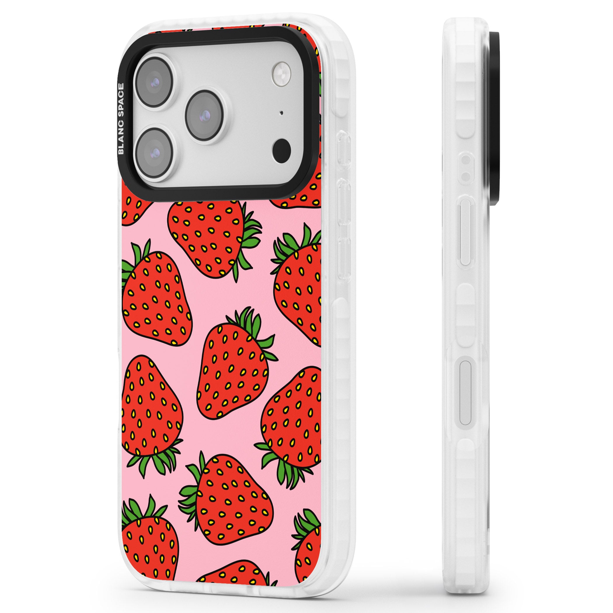 Strawberry Pattern (Pink) iPhone 17 Pro Impact Pro Clear Phone Case Side Profile