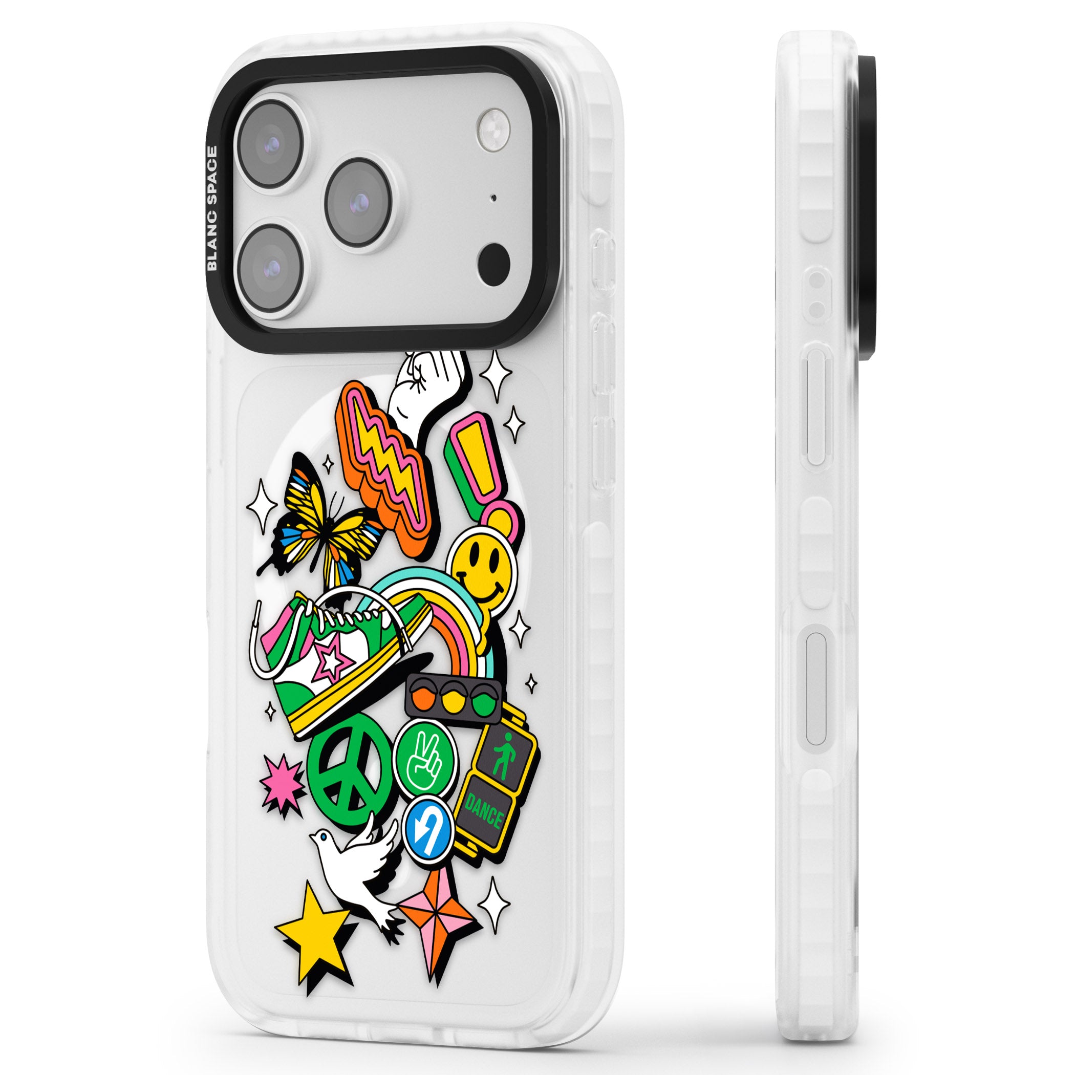 Nostalgic Sticker Collage iPhone 17 Pro Impact Pro Clear Phone Case Side Profile