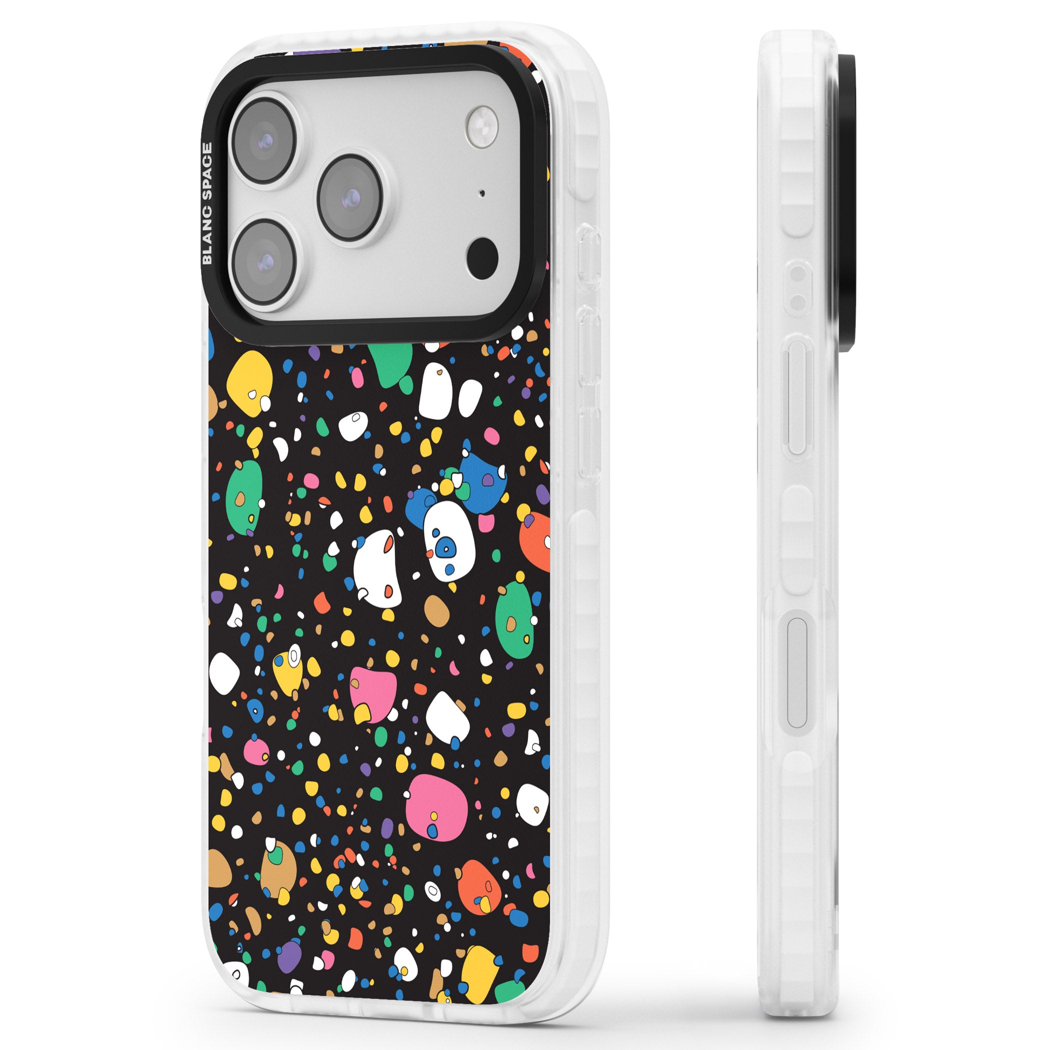 Colourful Confetti Pebbles (Black) iPhone 17 Pro Impact Pro Clear Phone Case Side Profile