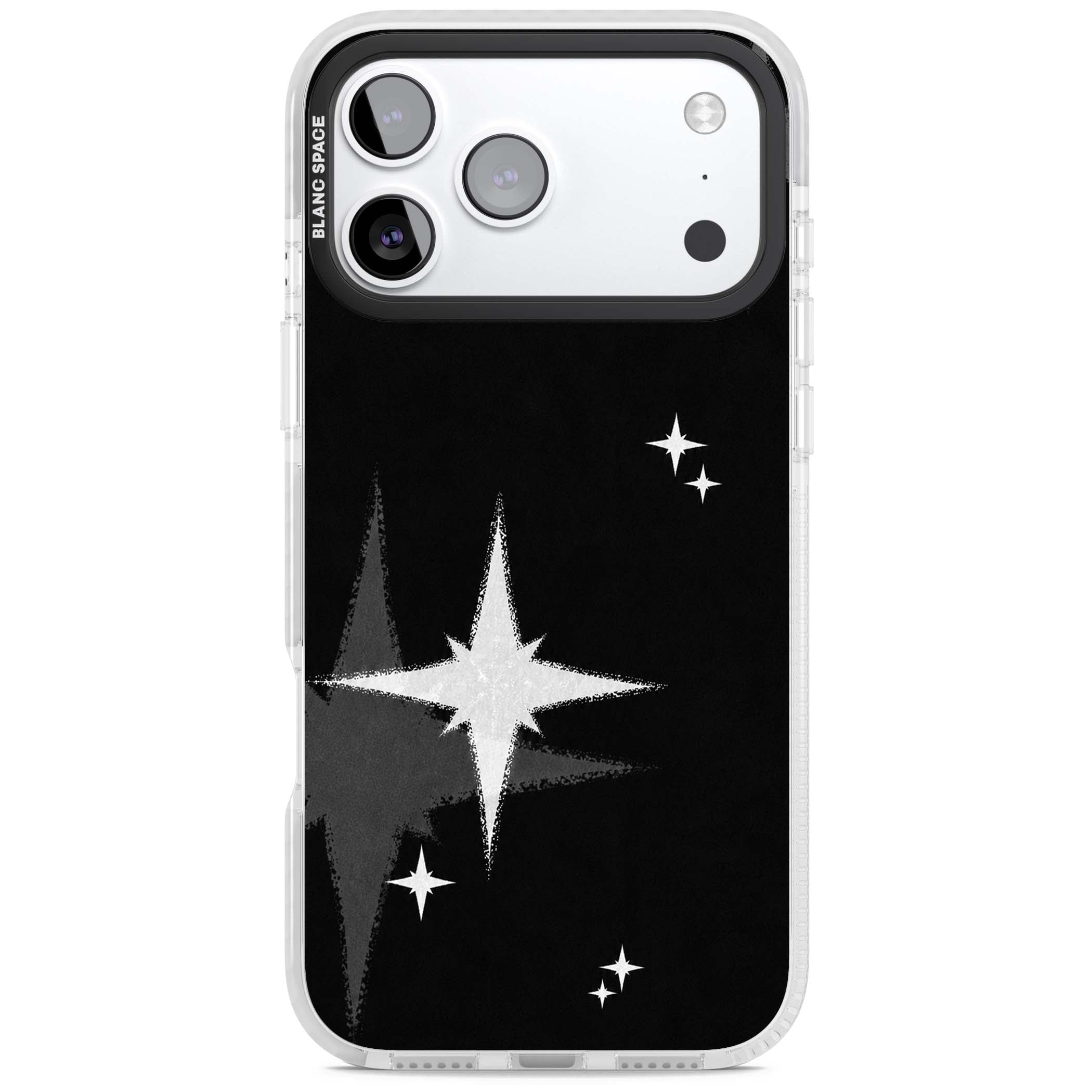 Black Sparkle celestial iPhone case featuring white sparkle stars on a black night sky background | Impact Magsafe case for iPhone 17 Pro, iPhone 17 Pro Max