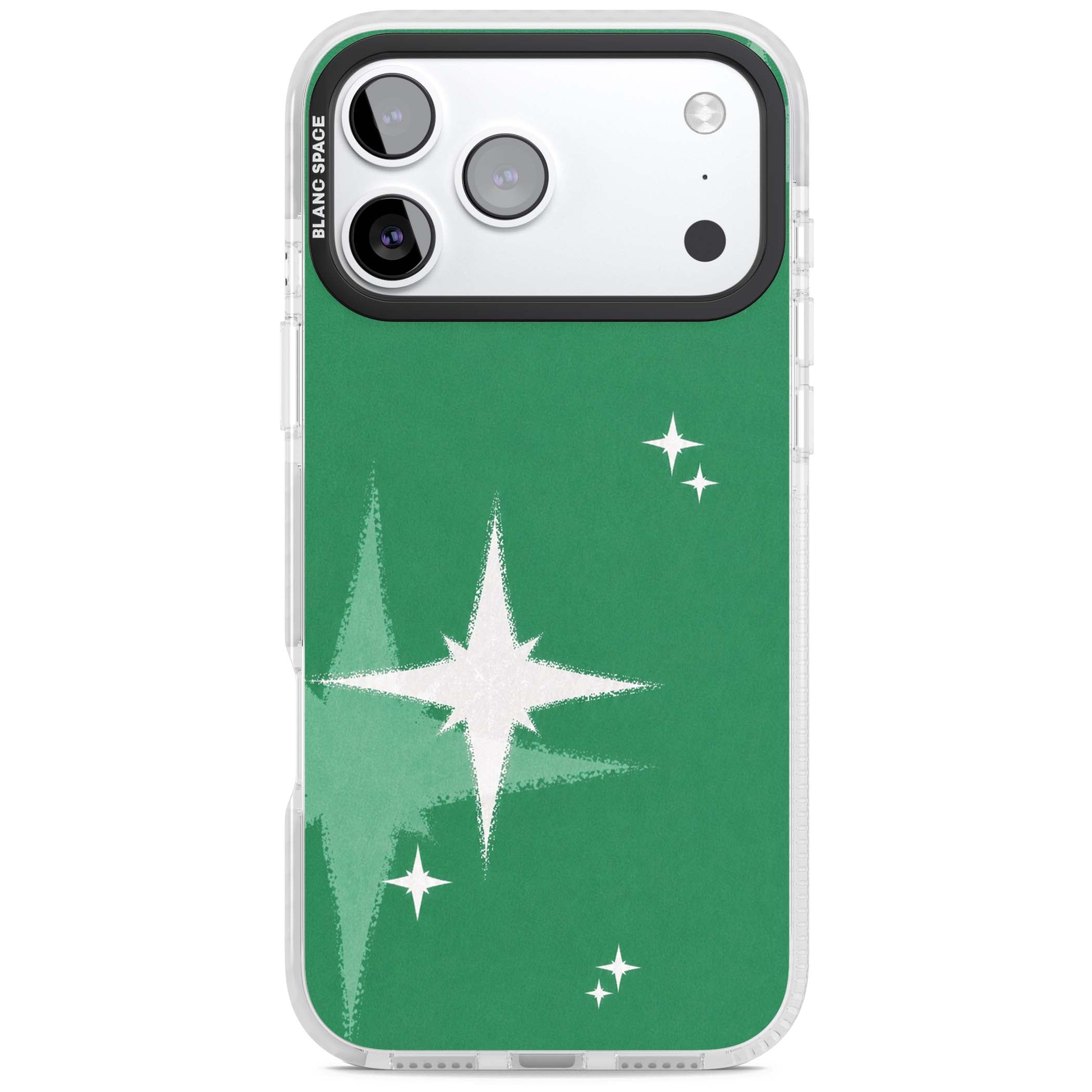 Green Sparkle celestial iPhone case featuring sparkling white four-point stars on a deep green background | Impact Magsafe case for iPhone 17 Pro, iPhone 17 Pro Max