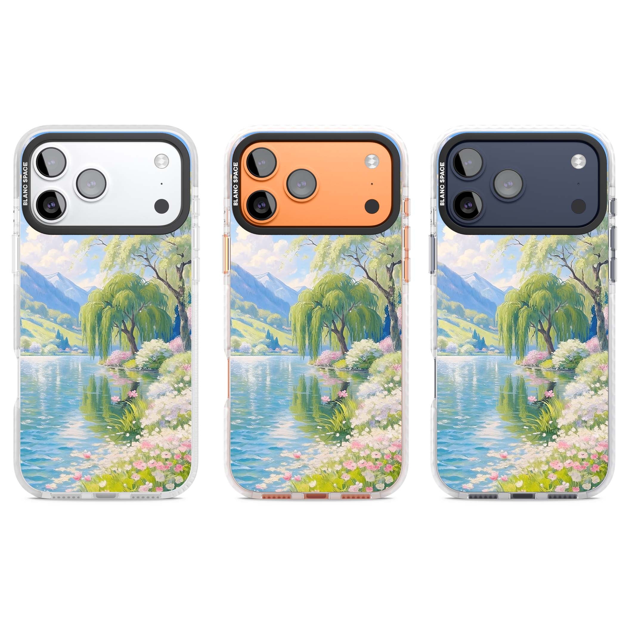Willow Lake cottagecore iPhone case featuring a painted lakeside with weeping willow, blossoms and distant mountains | Impact Magsafe case for iPhone 17 Pro, iPhone 17 Pro Max