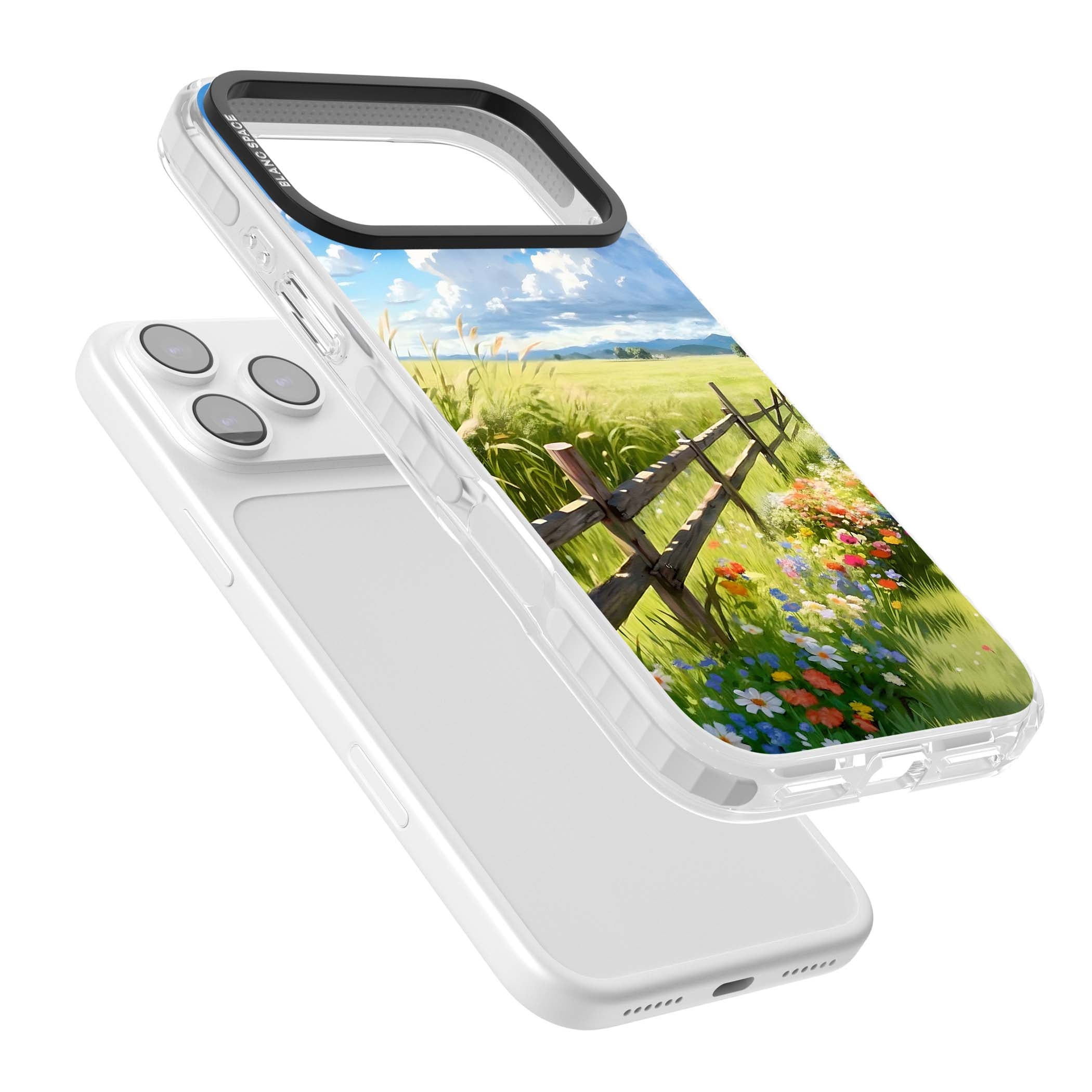 A Countryside Afternoon cottagecore iPhone case featuring a painted countryside meadow, wooden fence, and wildflowers beneath | Impact Magsafe case for iPhone 17 Pro, iPhone 17 Pro Max