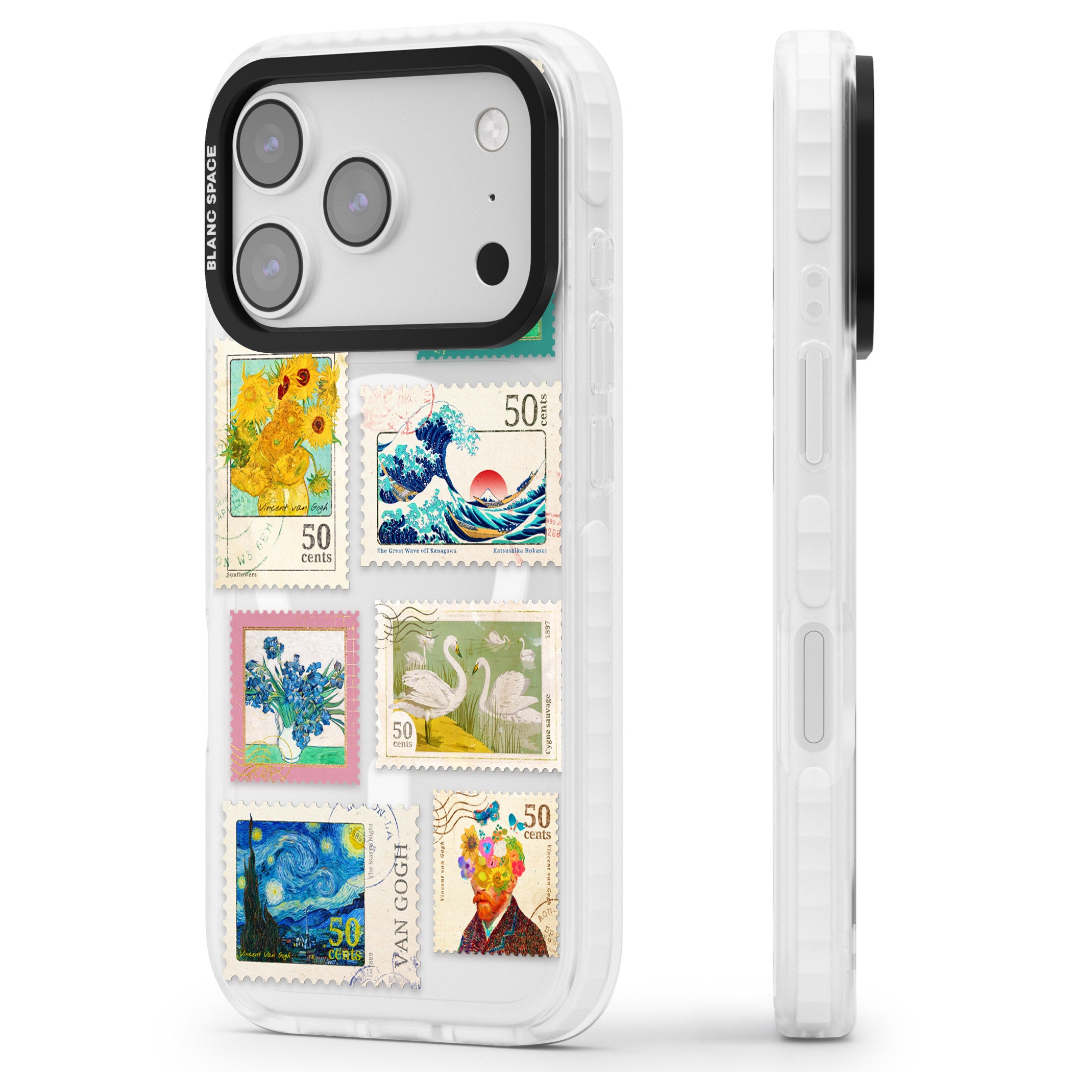 Vintage Art Stamps iPhone 17 Pro Max Impact Pro Clear Phone Case Side Profile