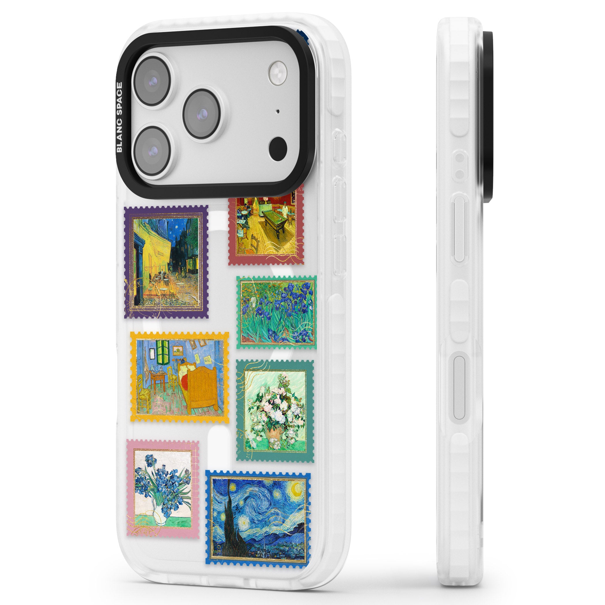 Colourful Vintage Art Stamps iPhone 17 Pro Impact Pro Clear Phone Case Side Profile