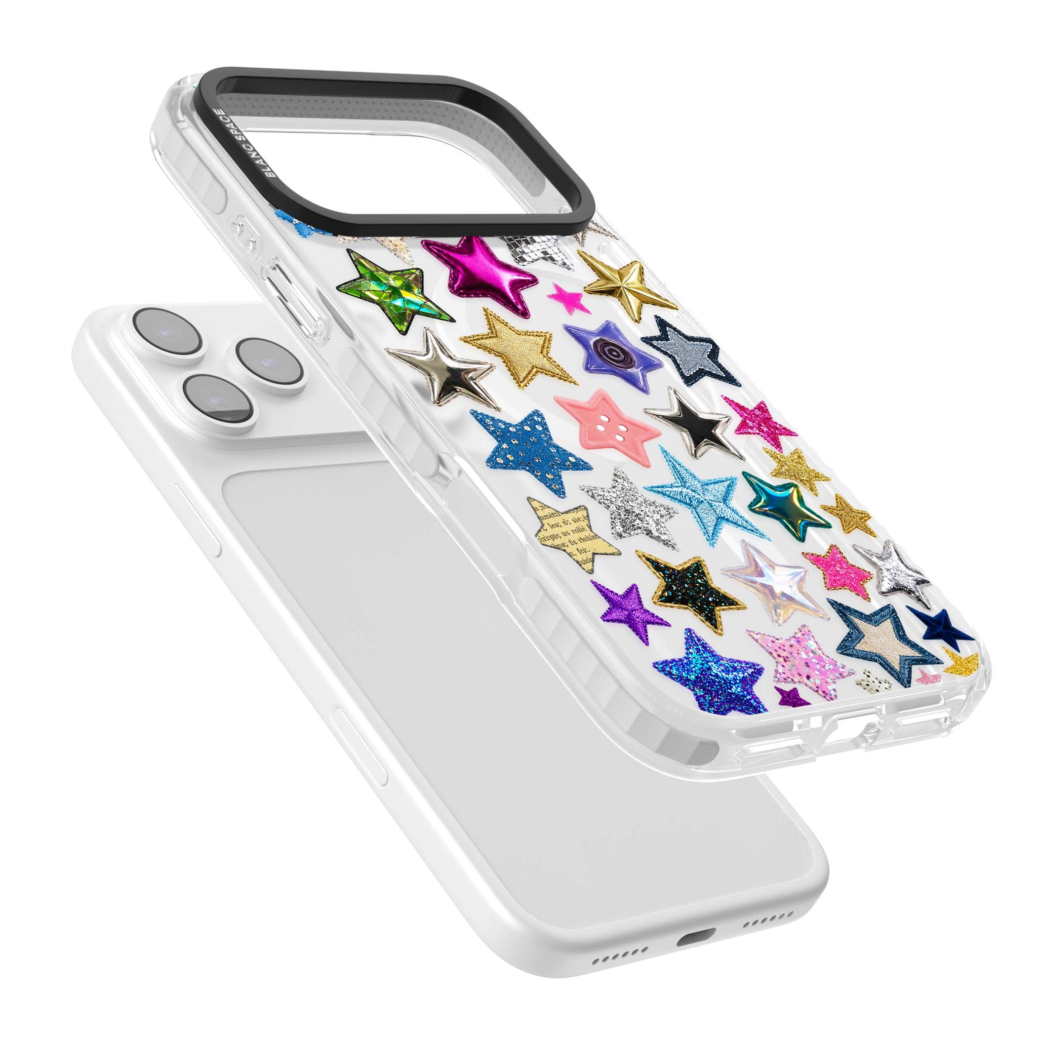 Crafty Star Mix Y2K iPhone case featuring embroidered, sequinned and glitter star patches in rainbow colours | Impact Magsafe case for iPhone 17 Pro, iPhone 17 Pro Max