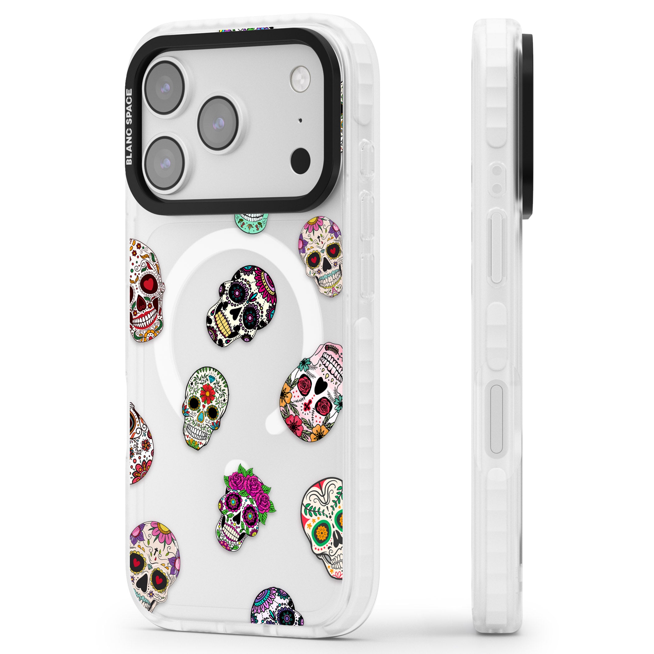 Mixed Sugar Skull Pattern iPhone 17 Pro Impact Pro Clear Phone Case Side Profile