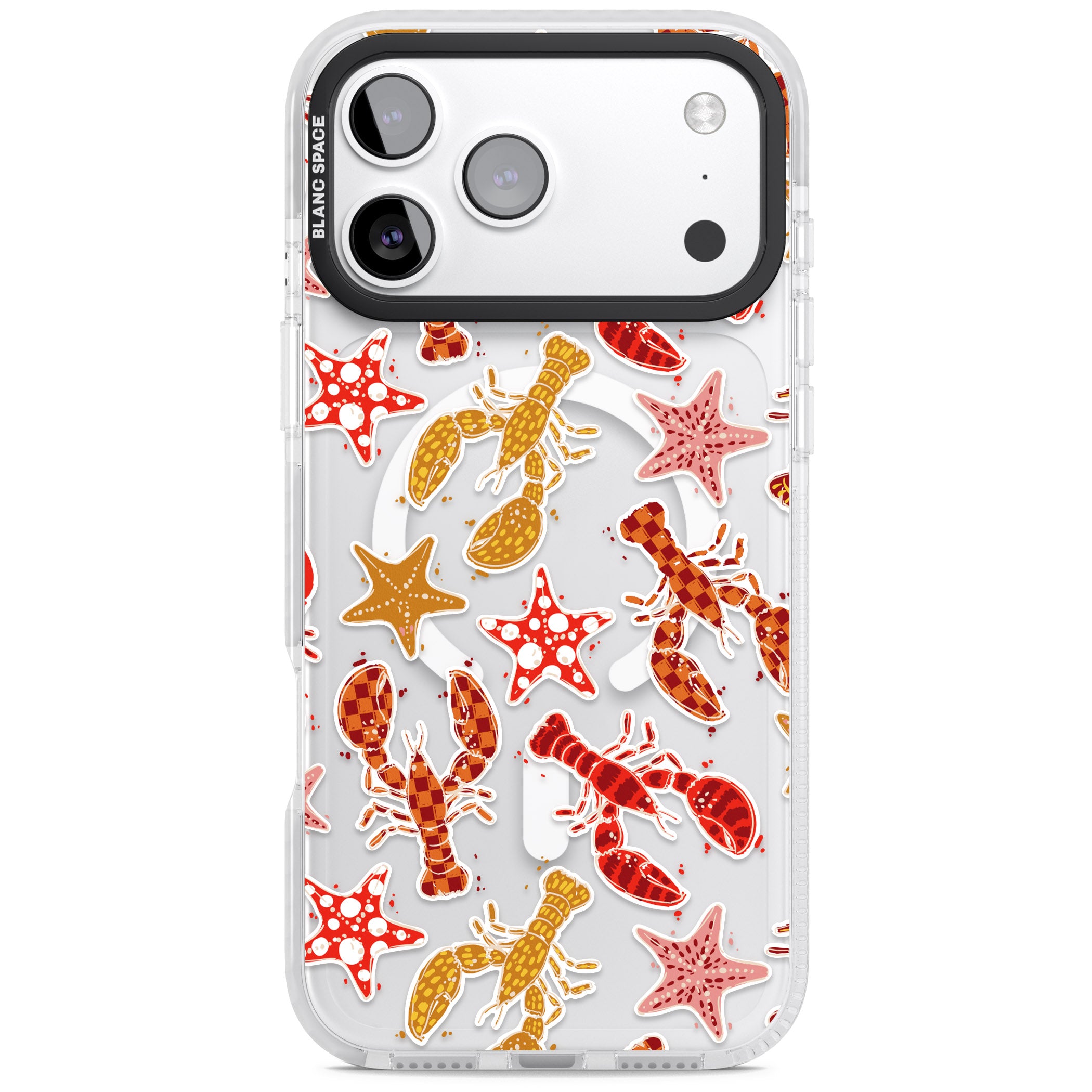 Lobster & Starfish Coastal Pattern iPhone 17 Pro Impact Pro Clear Phone Case