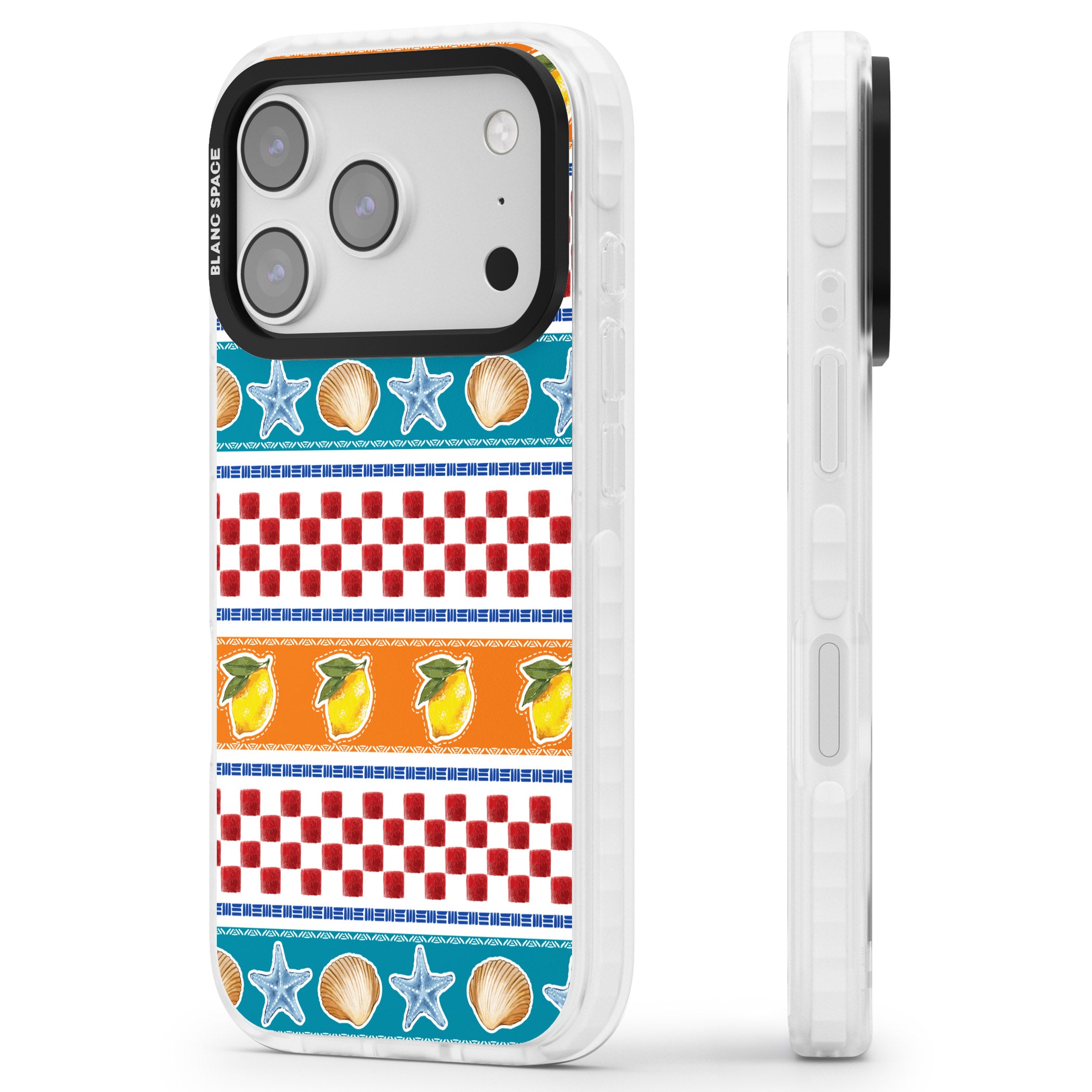 Coastal Italian Check Pattern iPhone 17 Pro Max Impact Pro Clear Phone Case Side Profile