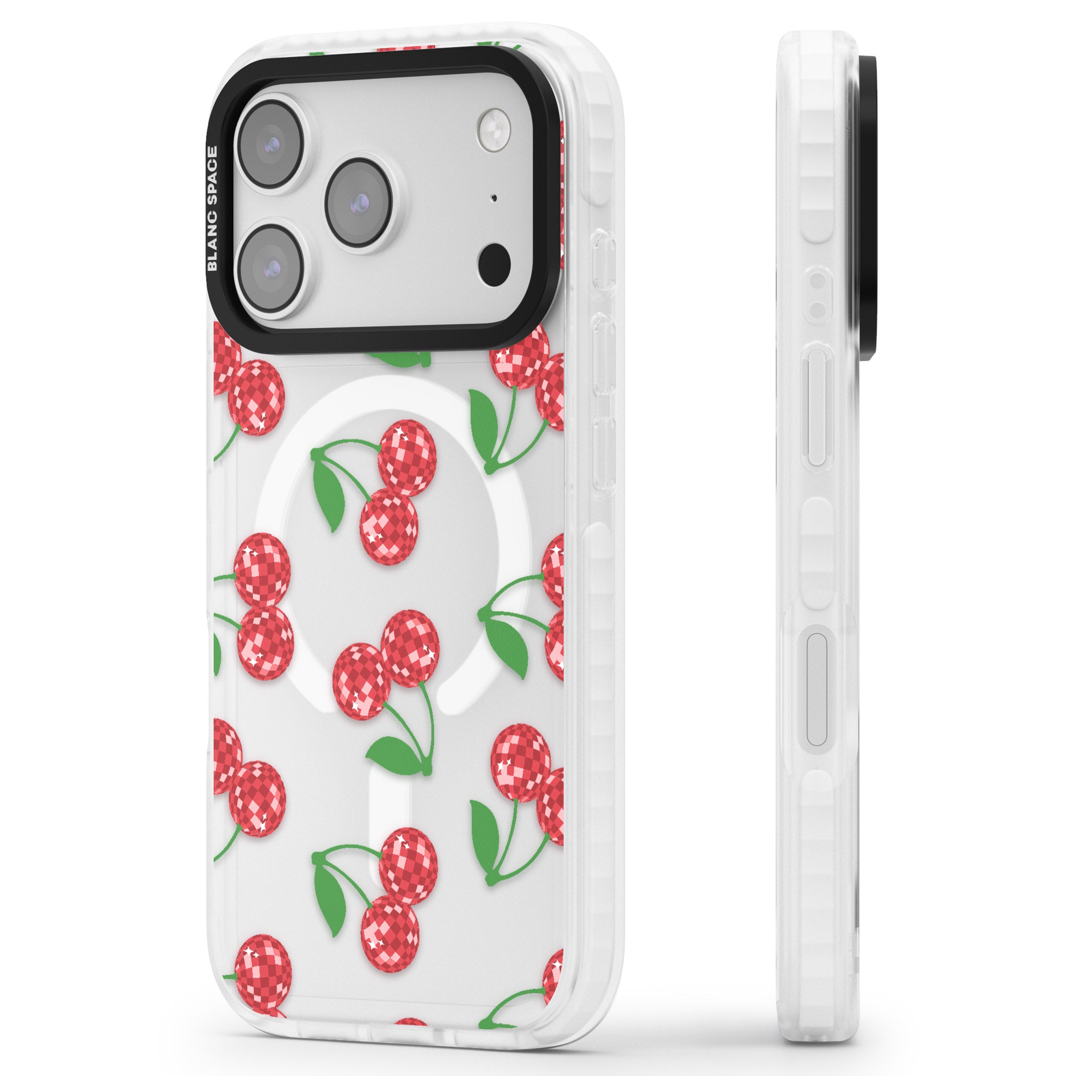 Disco Cherry Pattern iPhone 17 Pro Impact Pro Clear Phone Case Side Profile