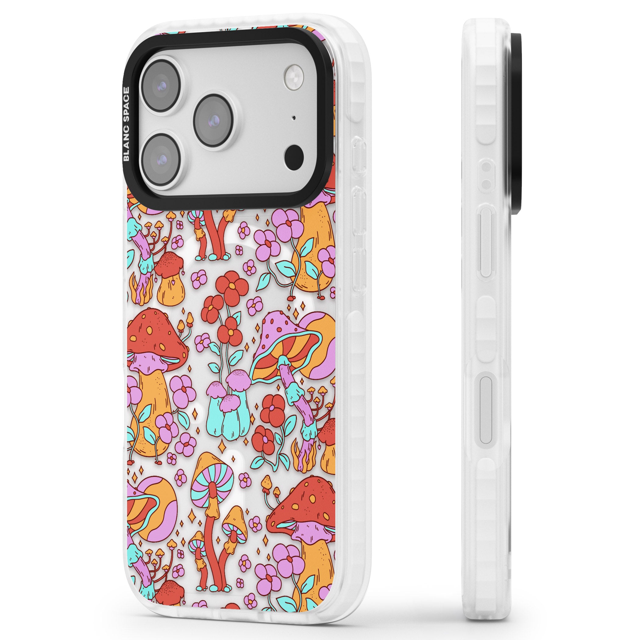 Psychedelic Flowers & Mushrooms iPhone 17 Pro Impact Pro Clear Phone Case Side Profile