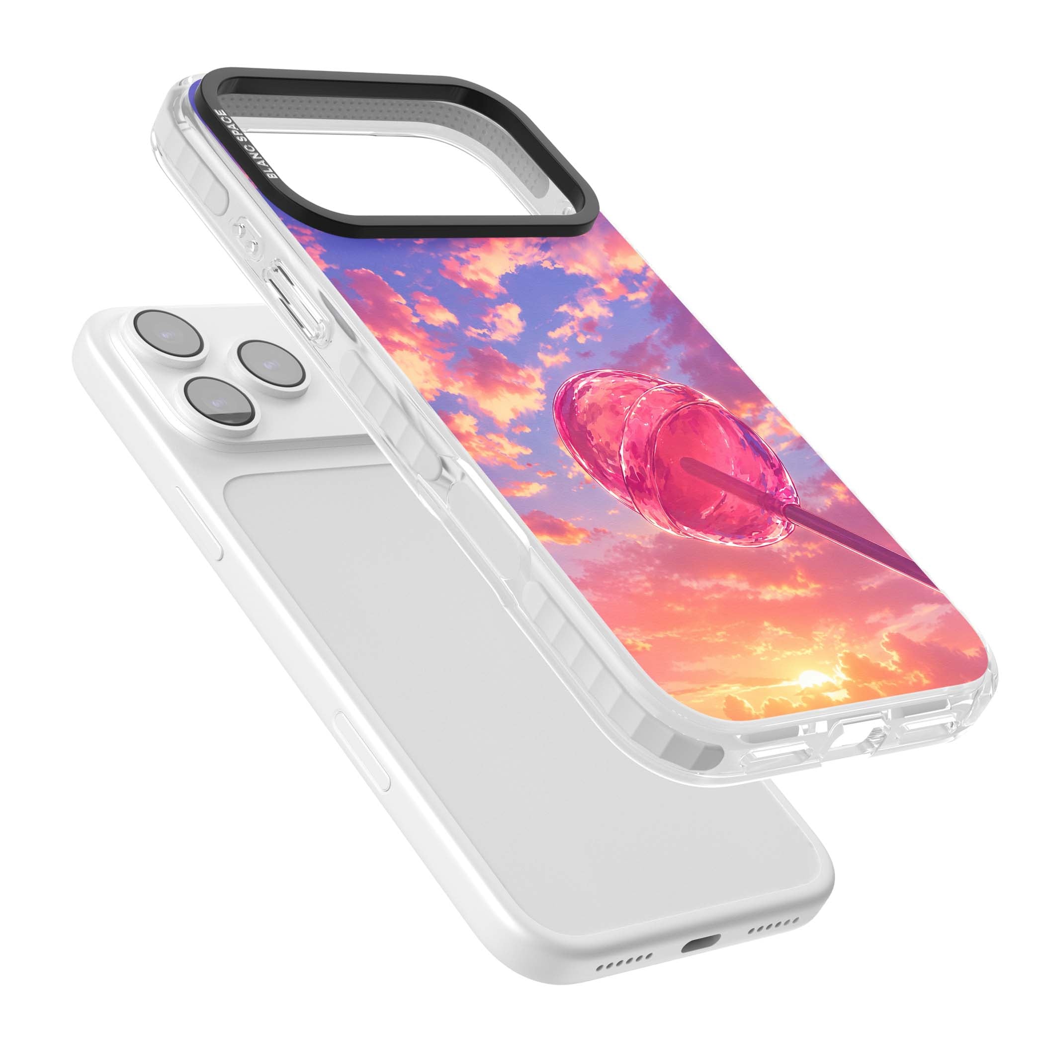 Sugar Sunset candy aesthetic iPhone case featuring a pink lollipop, pastel sunset sky and dreamy clouds | Impact Magsafe case for iPhone 17 Pro, iPhone 17 Pro Max