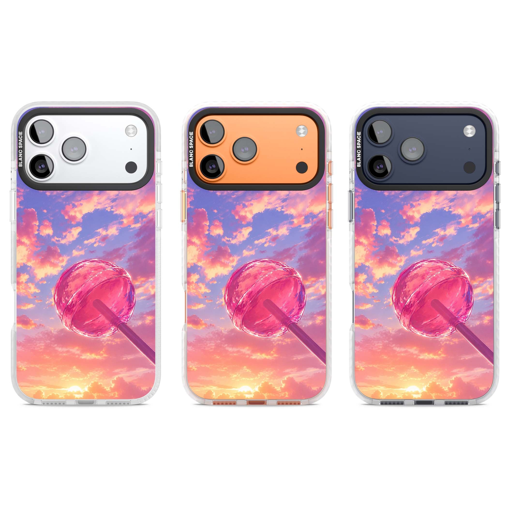 Sugar Sunset candy aesthetic iPhone case featuring a pink lollipop, pastel sunset sky and dreamy clouds | Impact Magsafe case for iPhone 17 Pro, iPhone 17 Pro Max