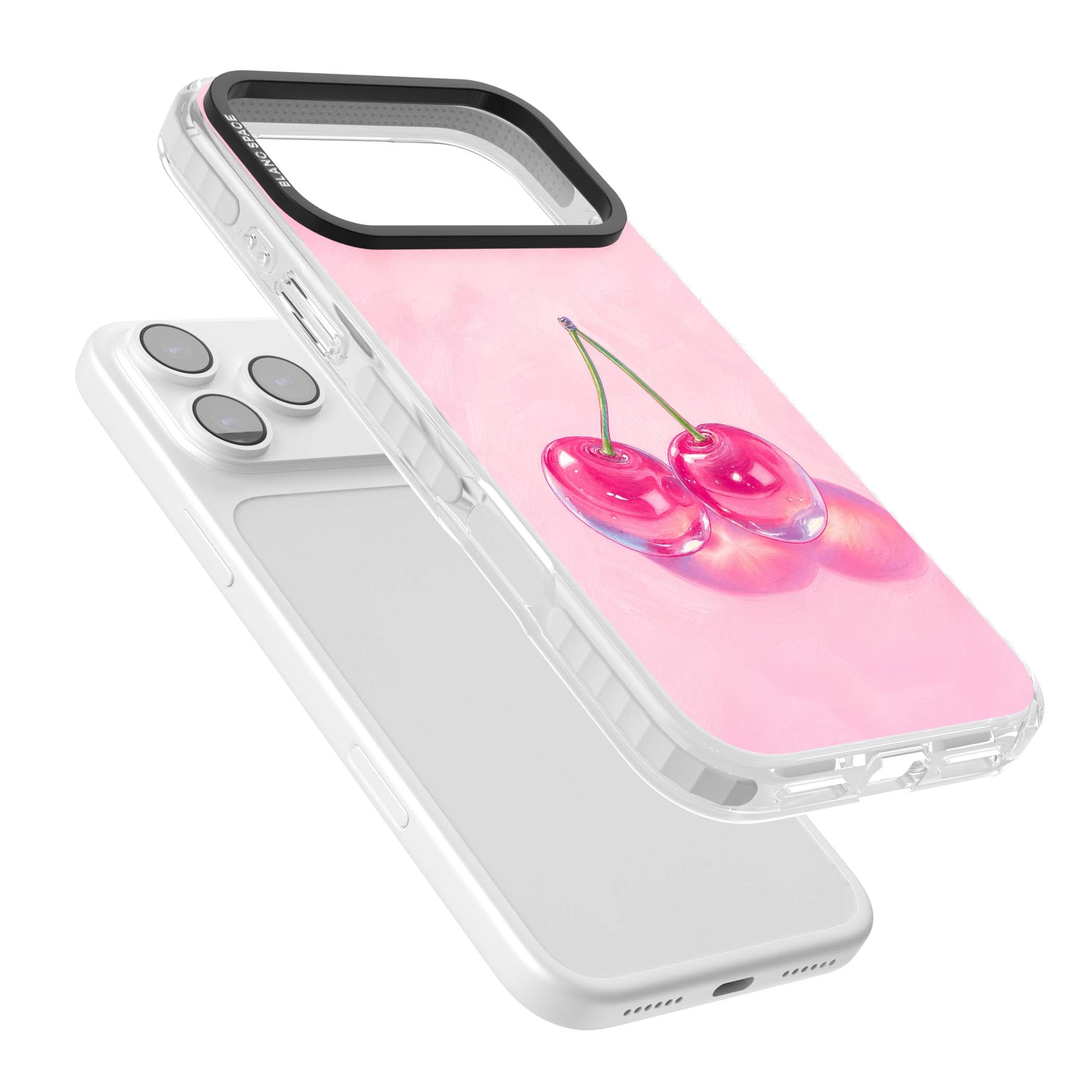 Pink Glass Cherry coquette iPhone case featuring two glossy painted cherries on a soft pink background | Impact Magsafe case for iPhone 17 Pro, iPhone 17 Pro Max