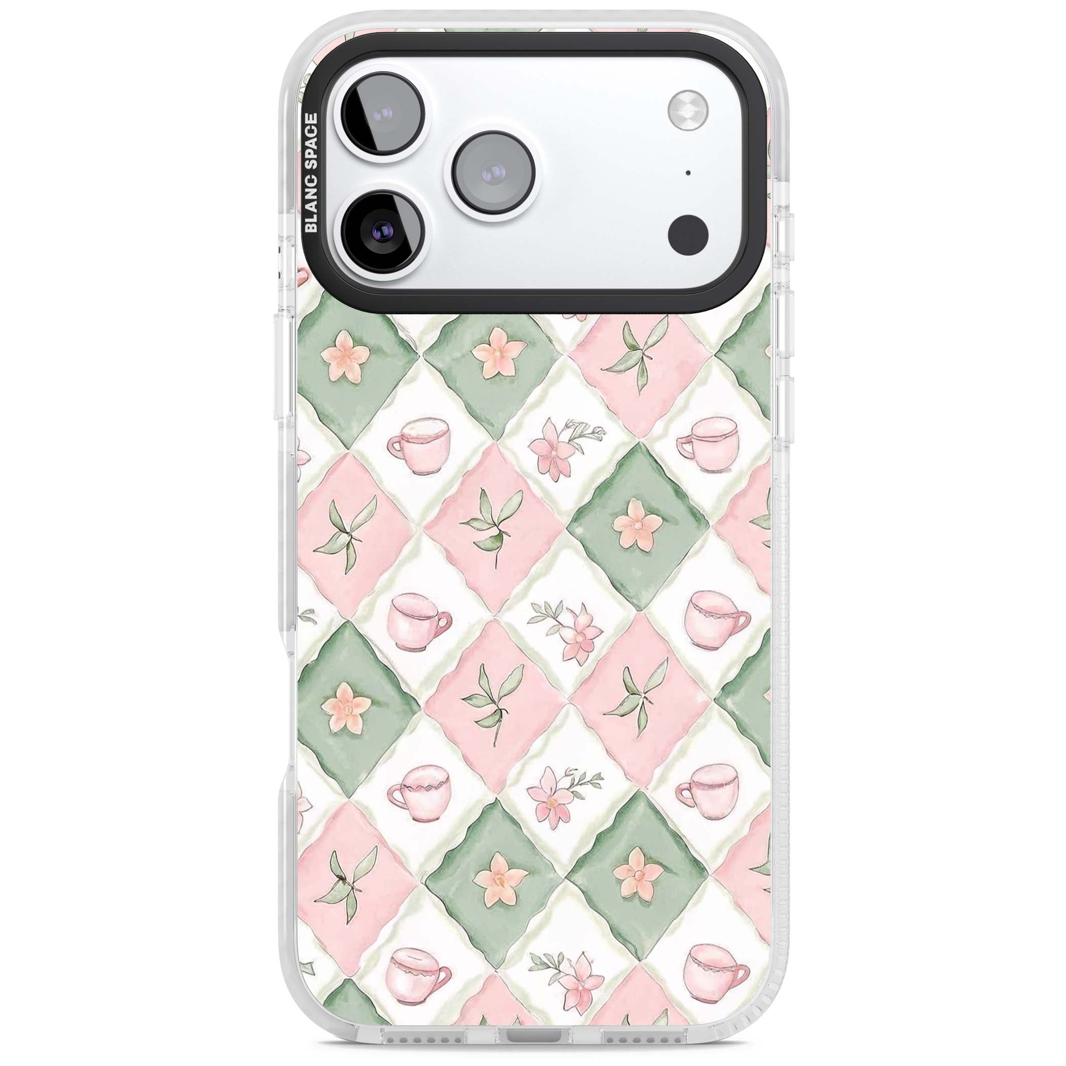 Garden Tea Party coquette iPhone case with pink and green checkered pattern, watercolour teacups and wildflowers | Impact Magsafe case for iPhone 17 Pro, iPhone 17 Pro Max