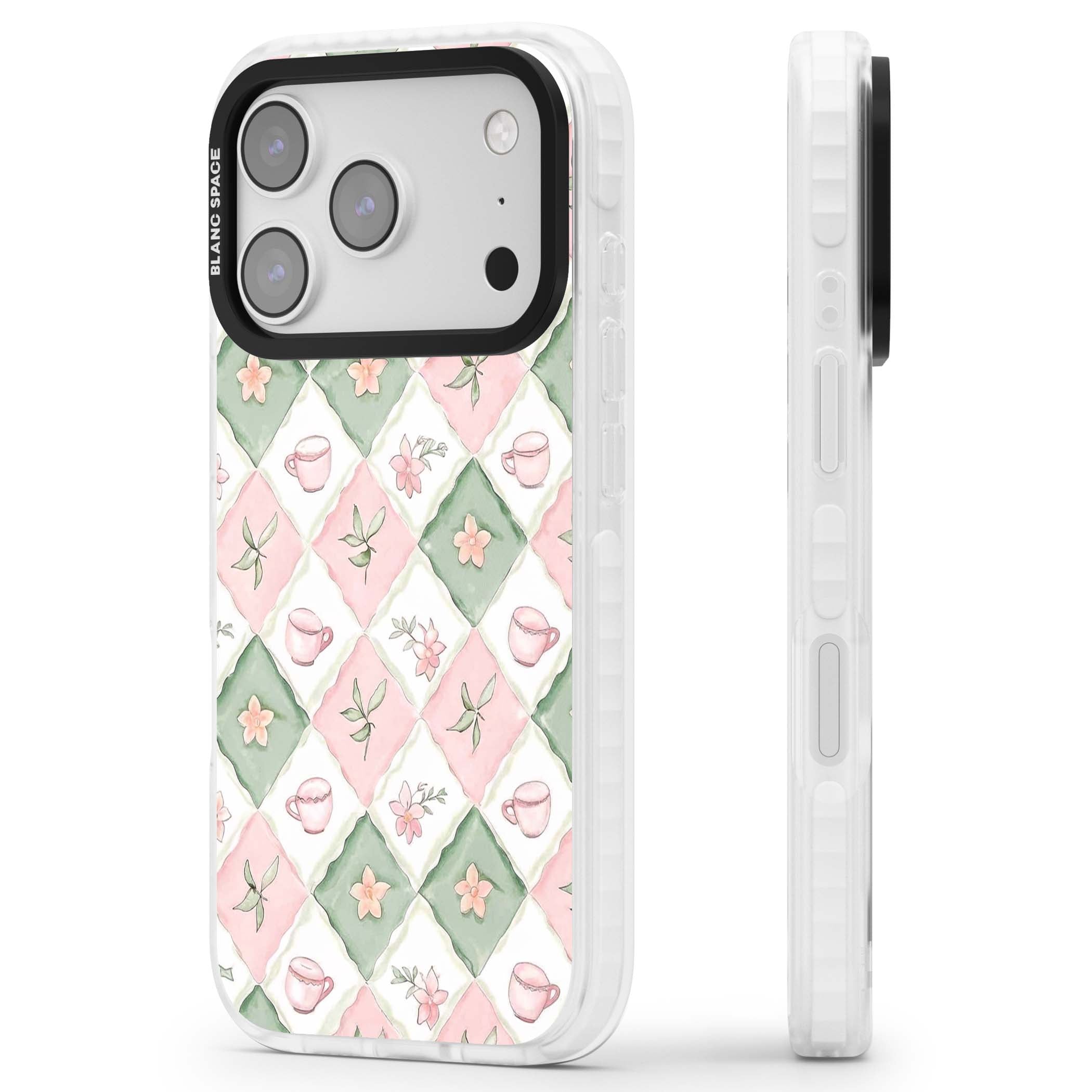 Garden Tea Party coquette iPhone case with pink and green checkered pattern, watercolour teacups and wildflowers | Impact Magsafe case for iPhone 17 Pro, iPhone 17 Pro Max