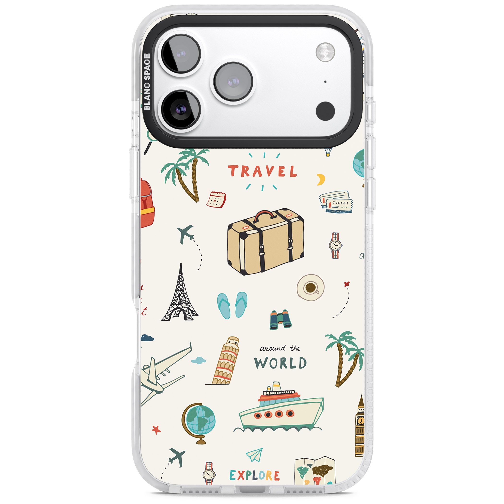 Cute Travel Pattern Cream iPhone 17 Pro Impact Pro Clear Phone Case