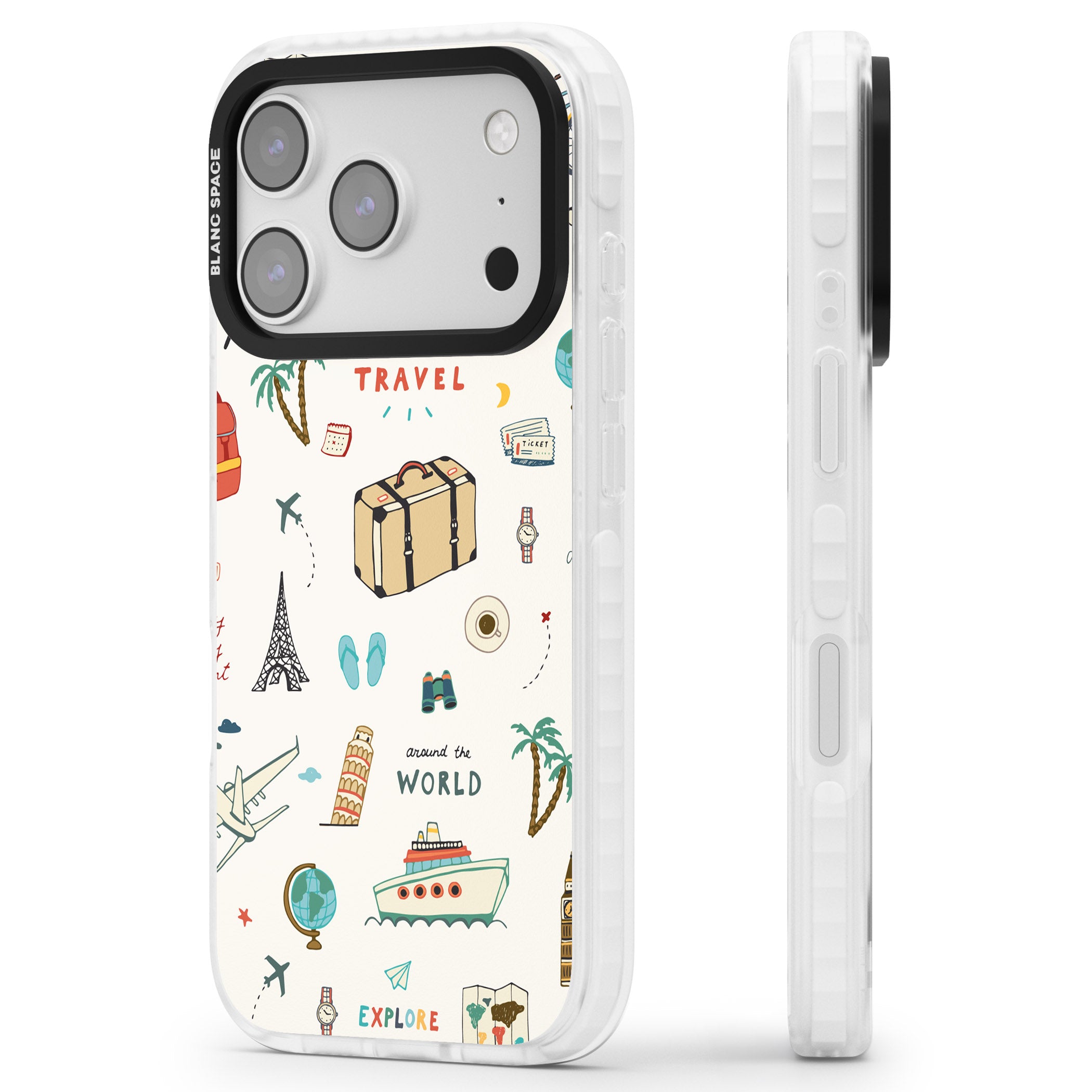 Cute Travel Pattern Cream iPhone 17 Pro Impact Pro Clear Phone Case Side Profile