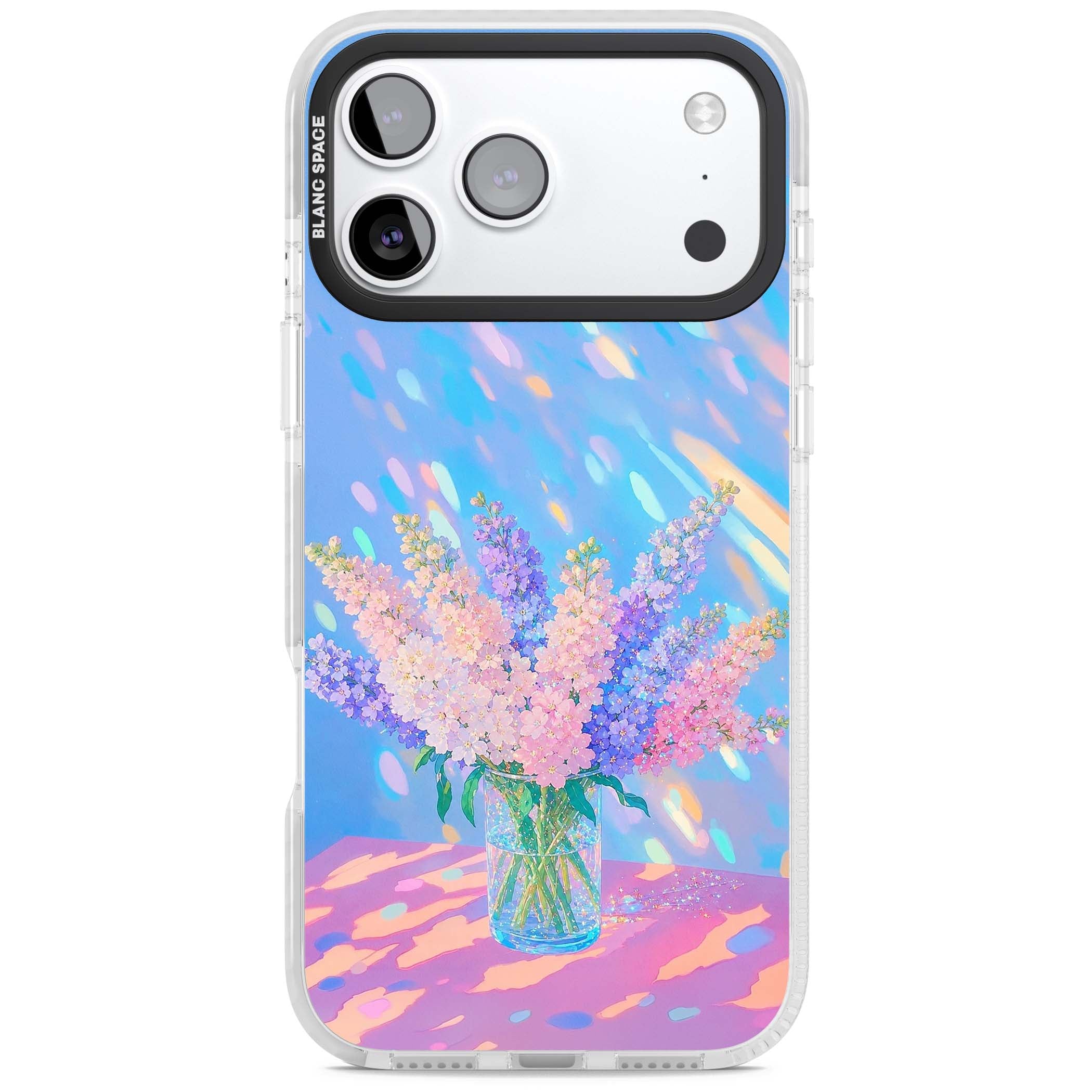 Bubblegum Flowers floral iPhone case featuring pastel lilac and pink bouquet in a glass vase with iridescent light | Impact Magsafe case for iPhone 17 Pro, iPhone 17 Pro Max