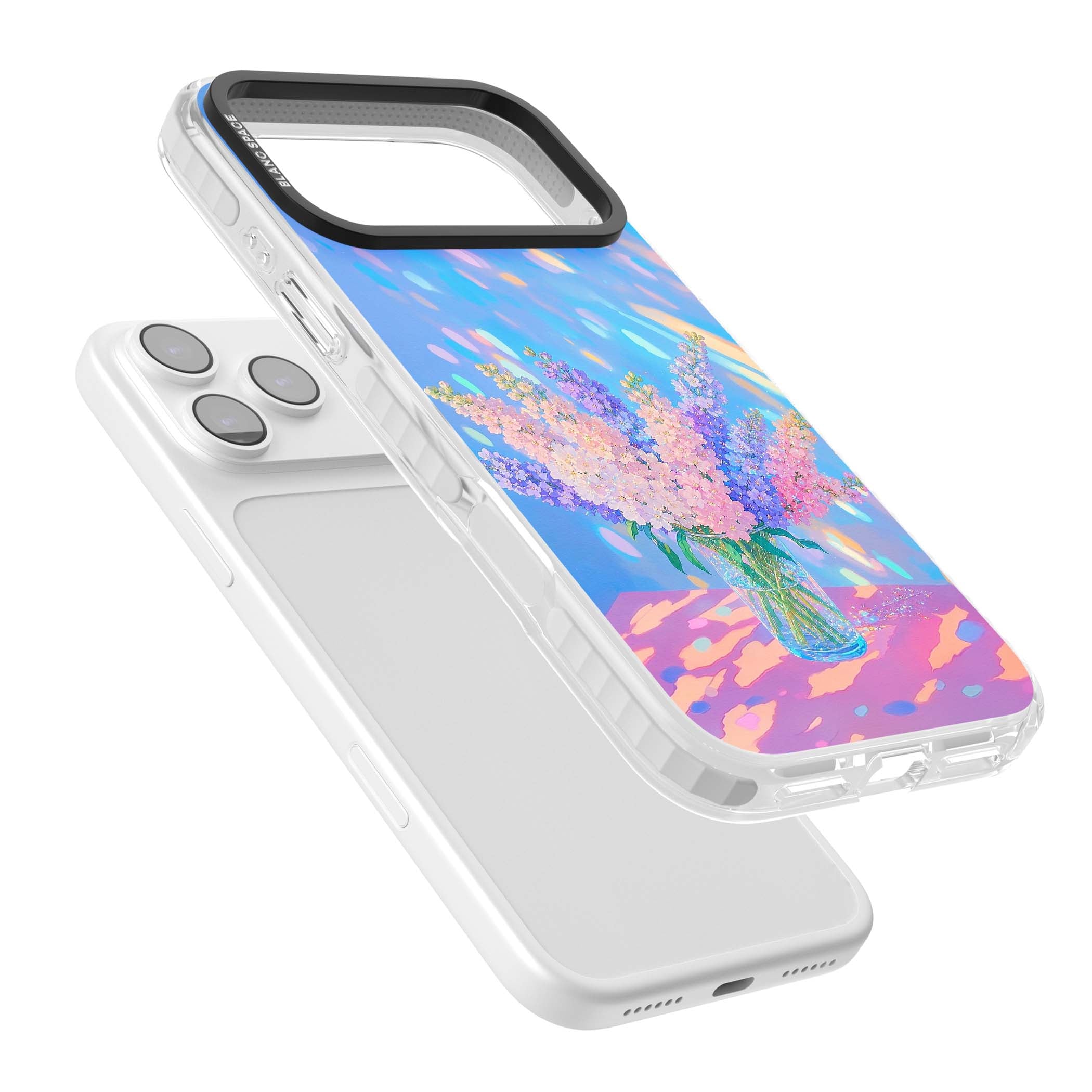 Bubblegum Flowers floral iPhone case featuring pastel lilac and pink bouquet in a glass vase with iridescent light | Impact Magsafe case for iPhone 17 Pro, iPhone 17 Pro Max