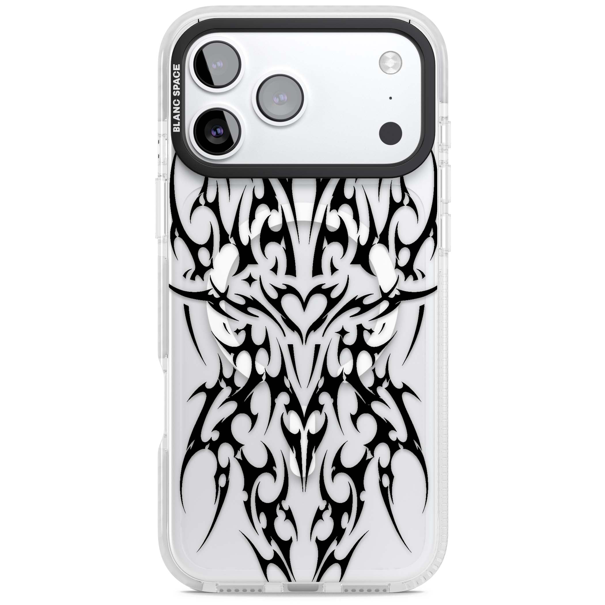 Neo Tribal Heart gothic iPhone case featuring symmetrical black tribal tattoo art with sharp thorn-like linework | Impact Magsafe case for iPhone 17 Pro, iPhone 17 Pro Max