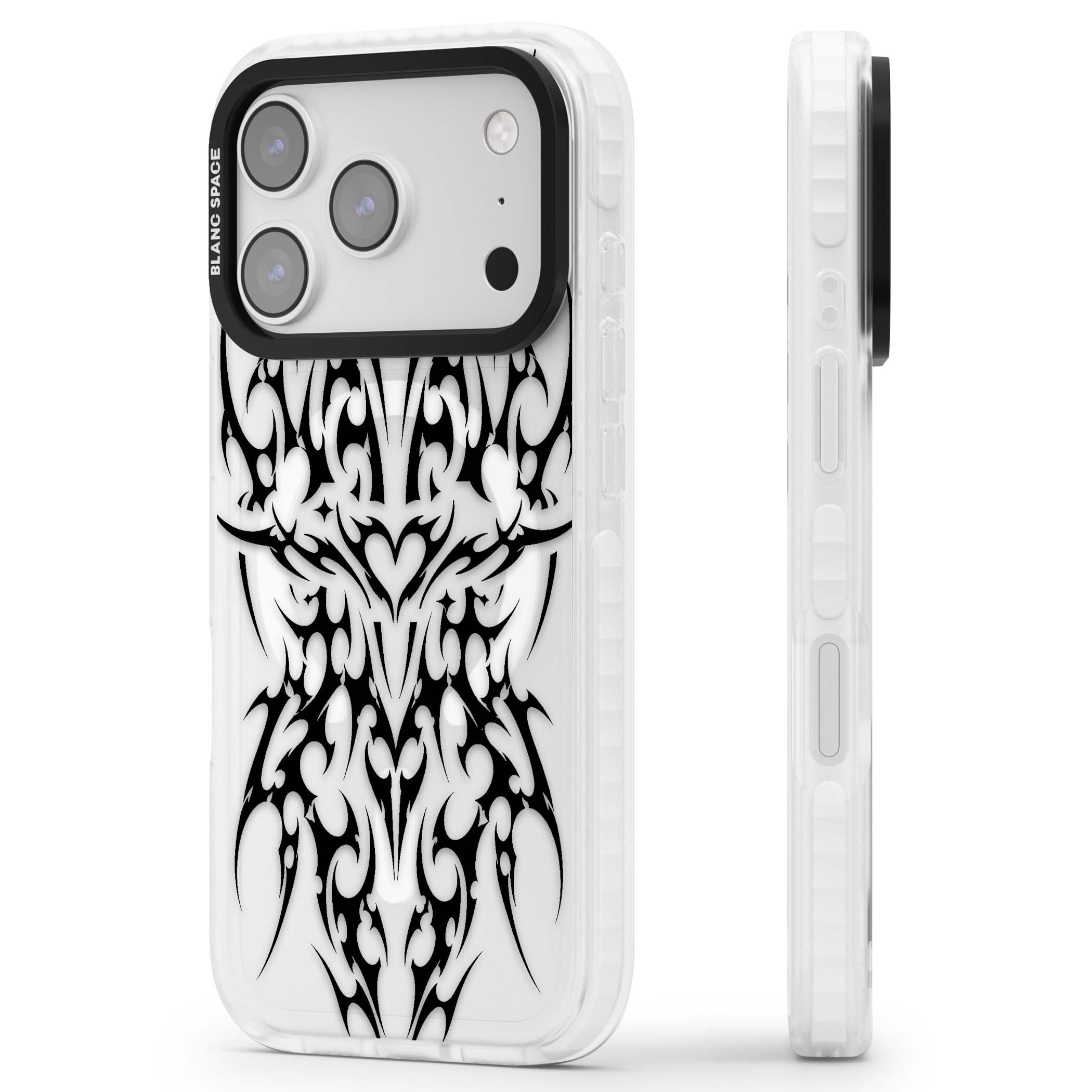 Neo Tribal Heart gothic iPhone case featuring symmetrical black tribal tattoo art with sharp thorn-like linework | Impact Magsafe case for iPhone 17 Pro, iPhone 17 Pro Max