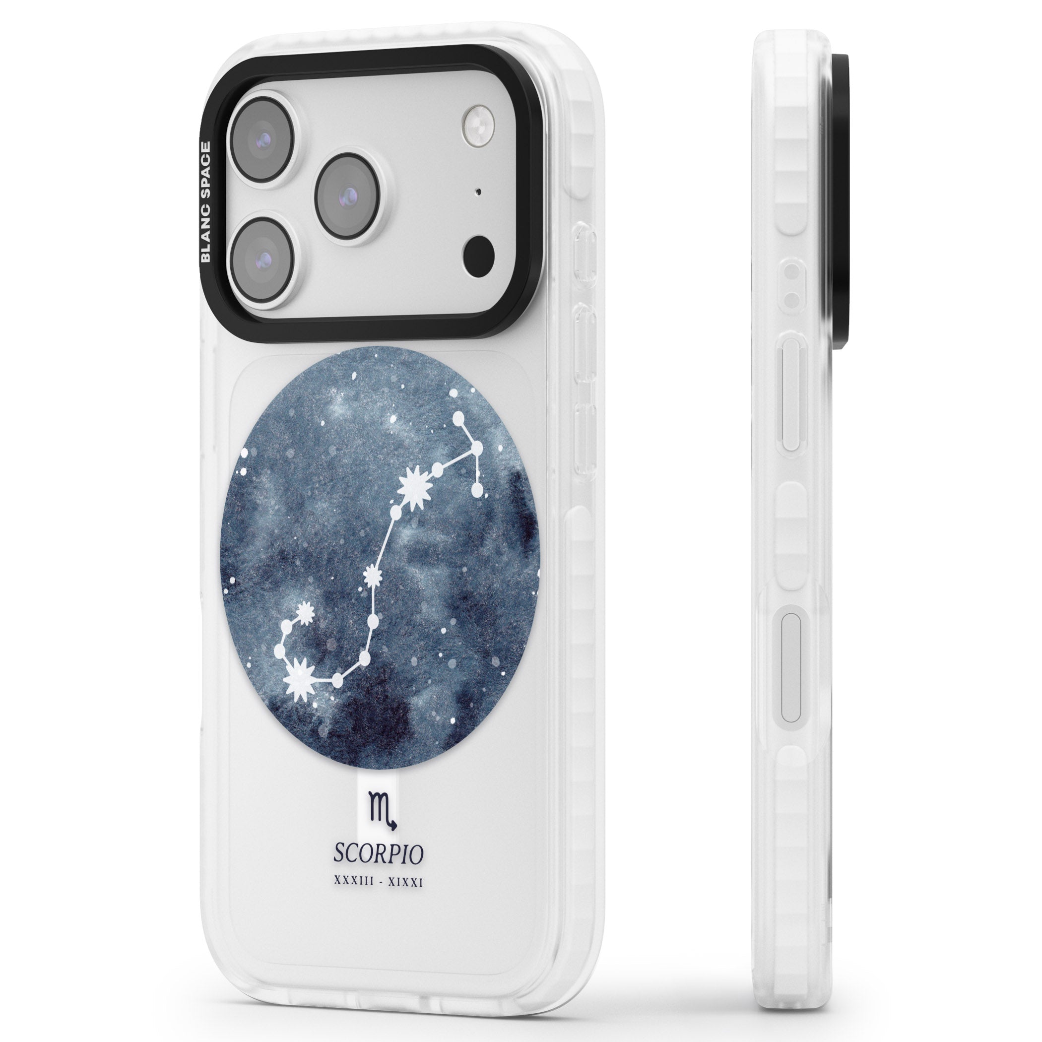Scorpio Zodiac Blue iPhone 17 Pro Impact Pro Clear Phone Case Side Profile