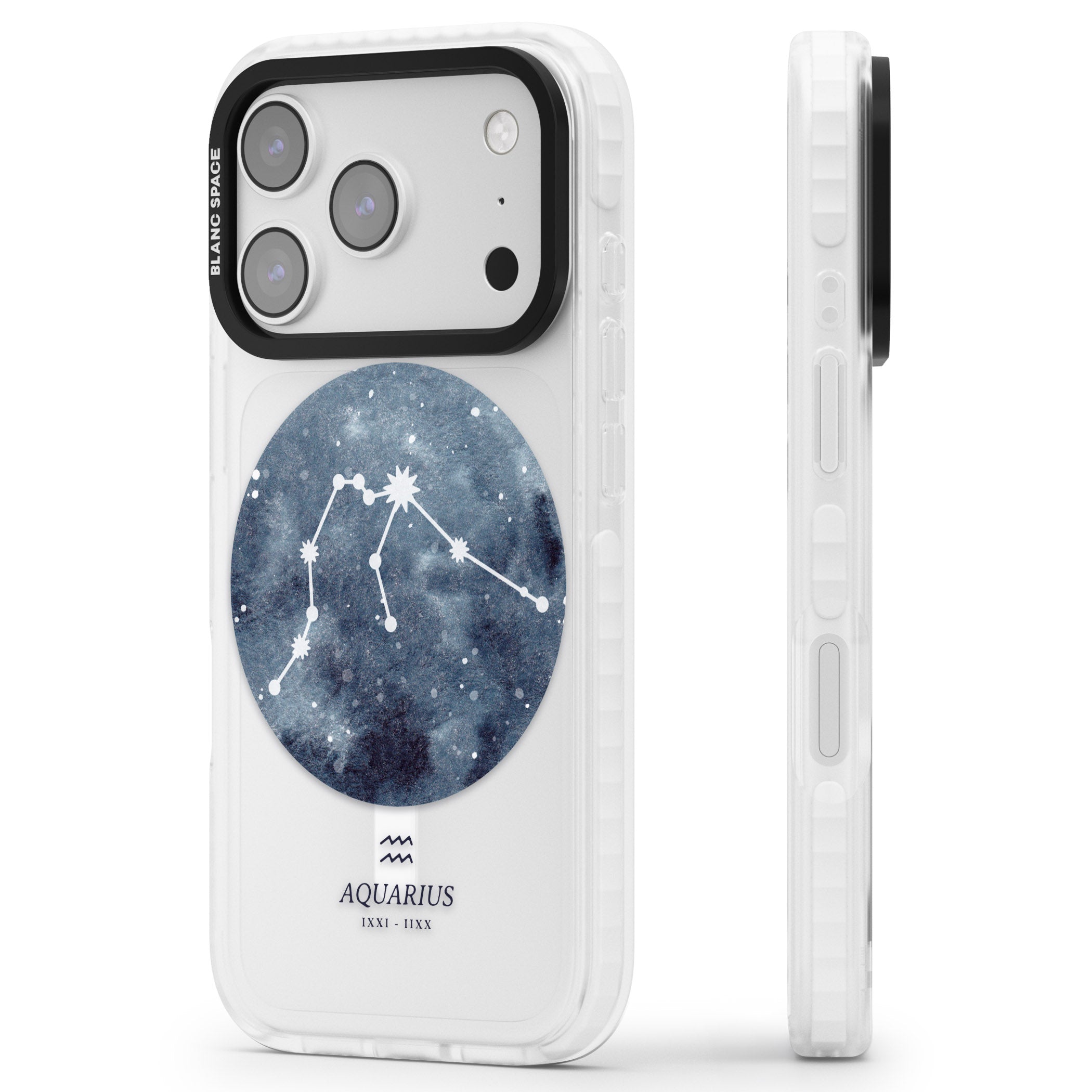 Aquarius Zodiac Blue iPhone 17 Pro Impact Pro Clear Phone Case Side Profile