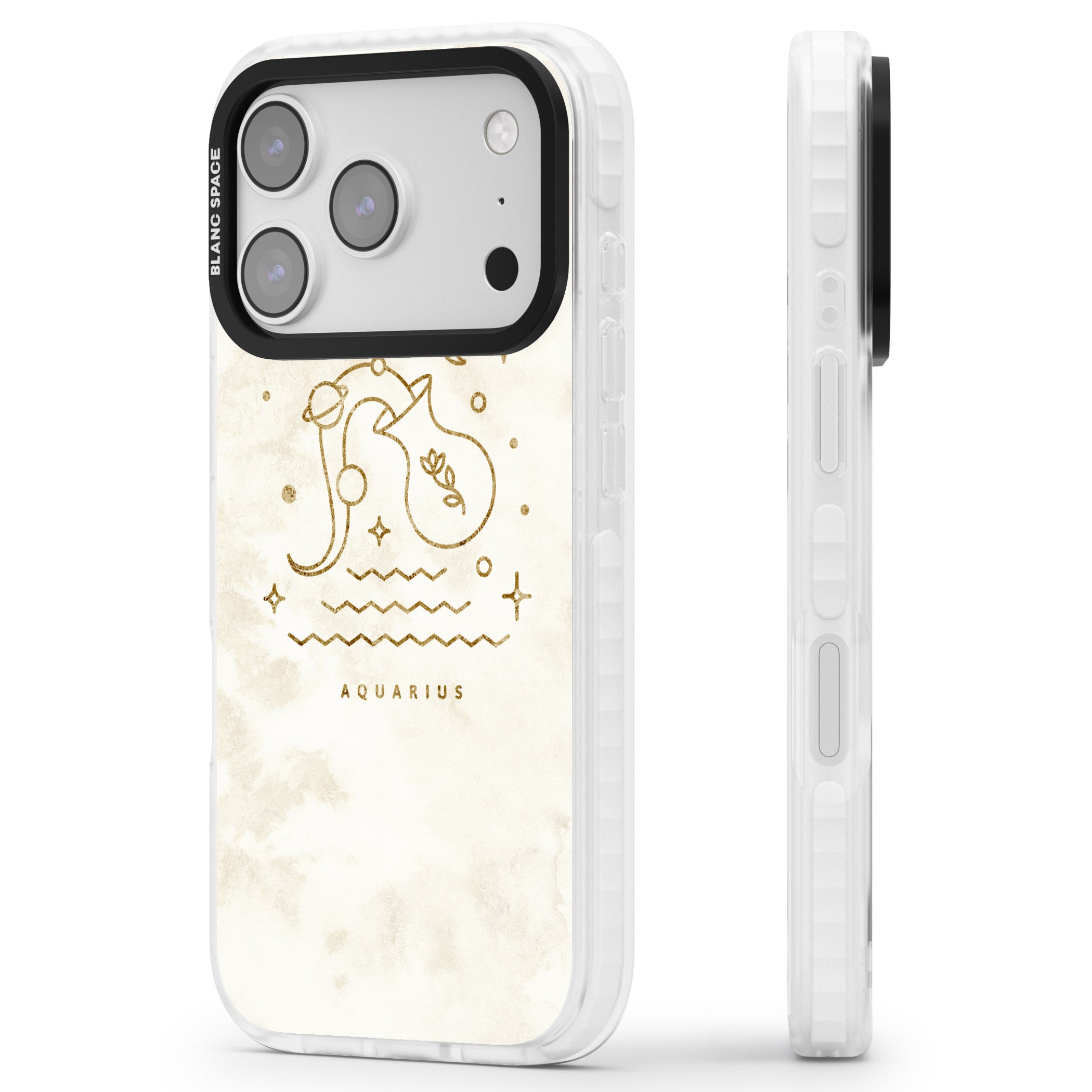 Aquarius Golden Emblem iPhone 17 Pro Impact Pro Clear Phone Case Side Profile
