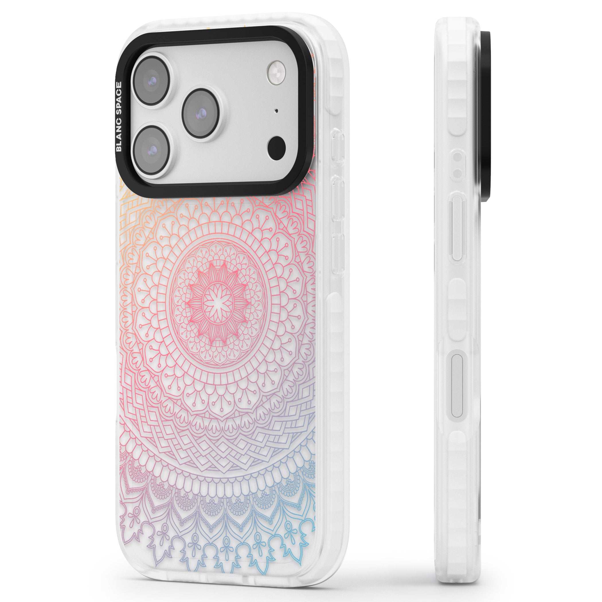 Rainbow Mandala iPhone 17 Pro Impact Clear Phone Case Side Profile