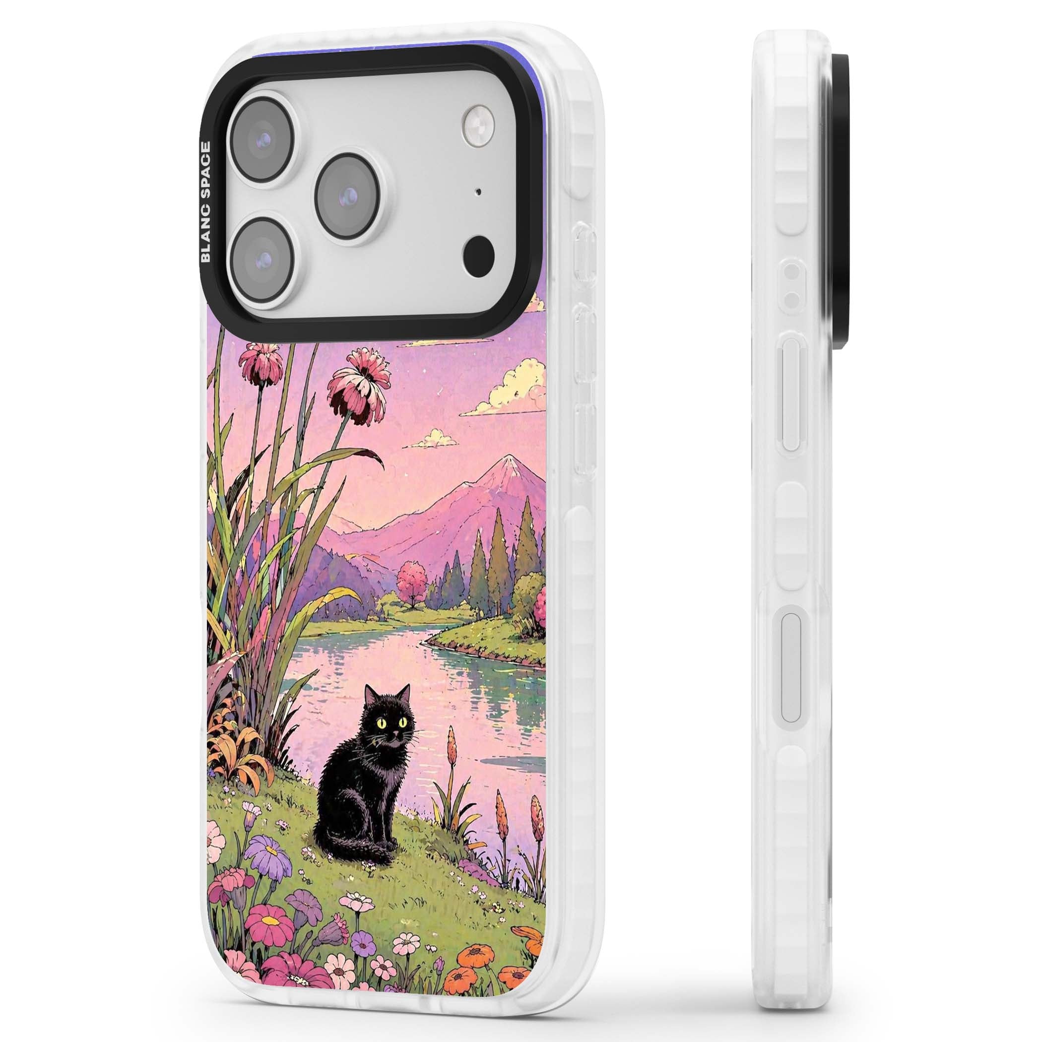 Mystic Whiskers ghibli iPhone case featuring a black cat by a pastel lake, wildflowers and a starry sunset sky | Black Impact case for iPhone 17 Pro, iPhone 17 Pro Max