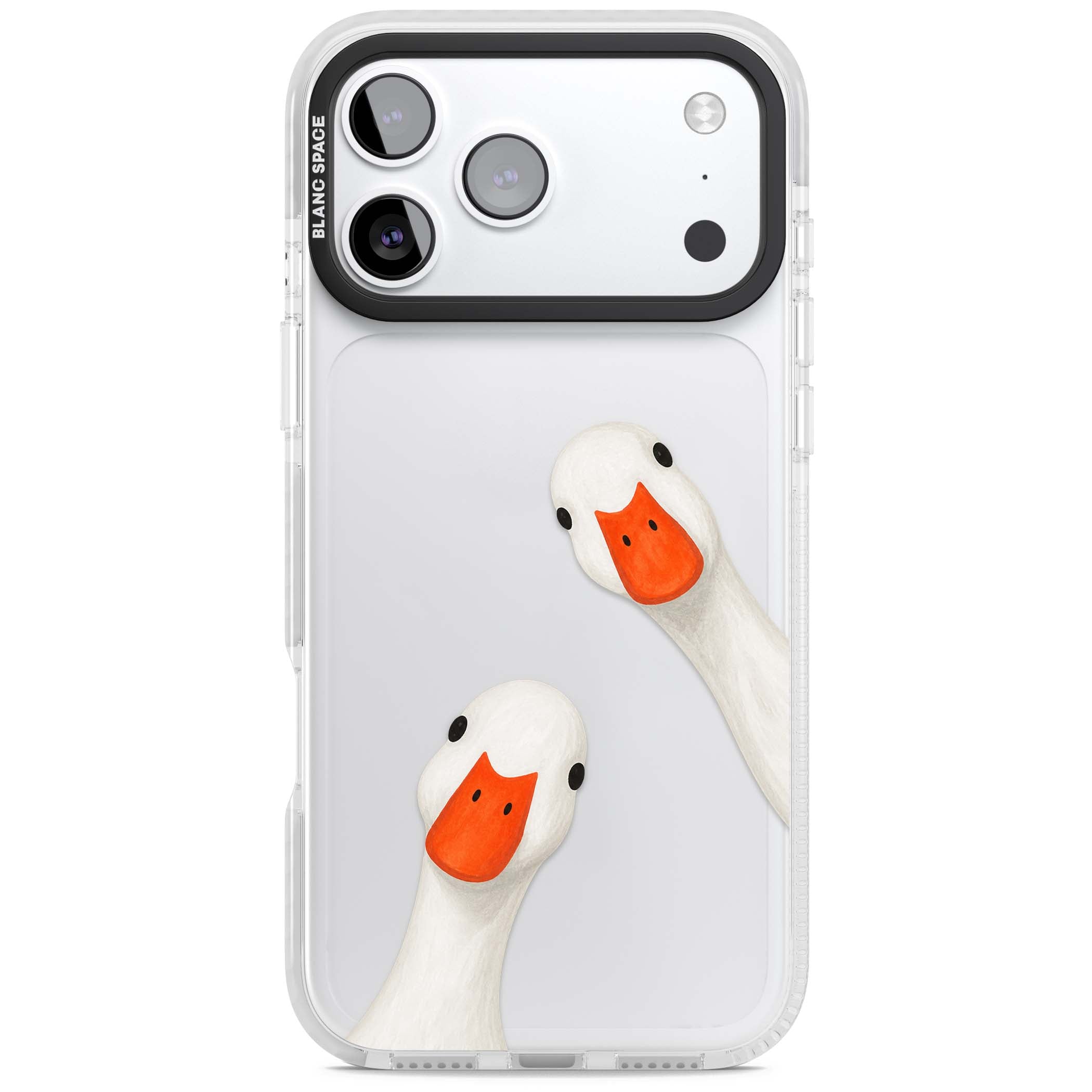 Nosy Ducks cottagecore iPhone case featuring two peeking white ducks with orange beaks on a clear background | Black Impact case for iPhone 17 Pro, iPhone 17 Pro Max