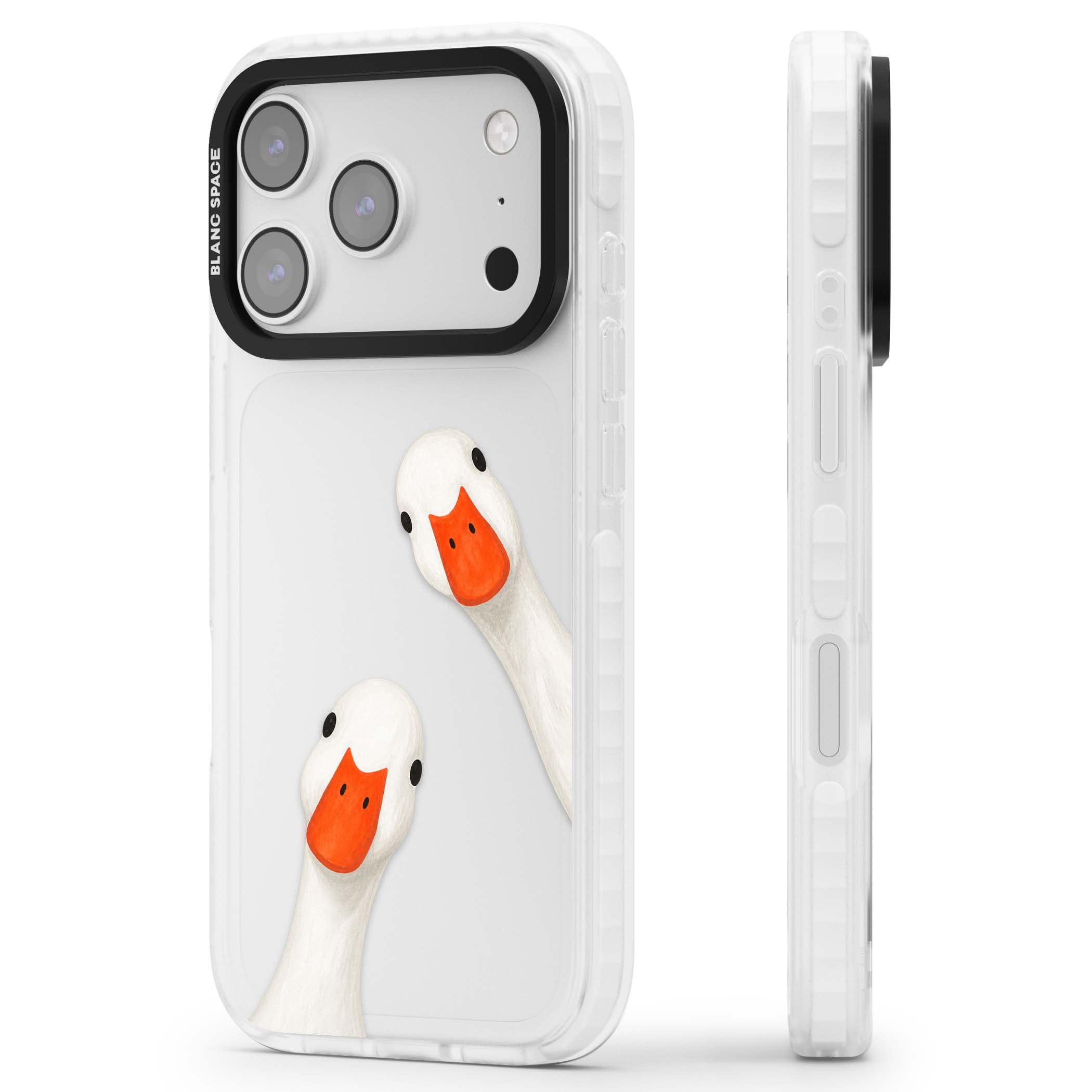 Nosy Ducks cottagecore iPhone case featuring two peeking white ducks with orange beaks on a clear background | Black Impact case for iPhone 17 Pro, iPhone 17 Pro Max