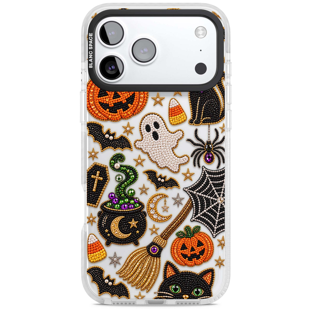 Beaded Halloween Halloween iPhone case featuring beaded pumpkins, ghosts, black cats and bats | Black Impact case for iPhone 17 Pro, iPhone 17 Pro Max