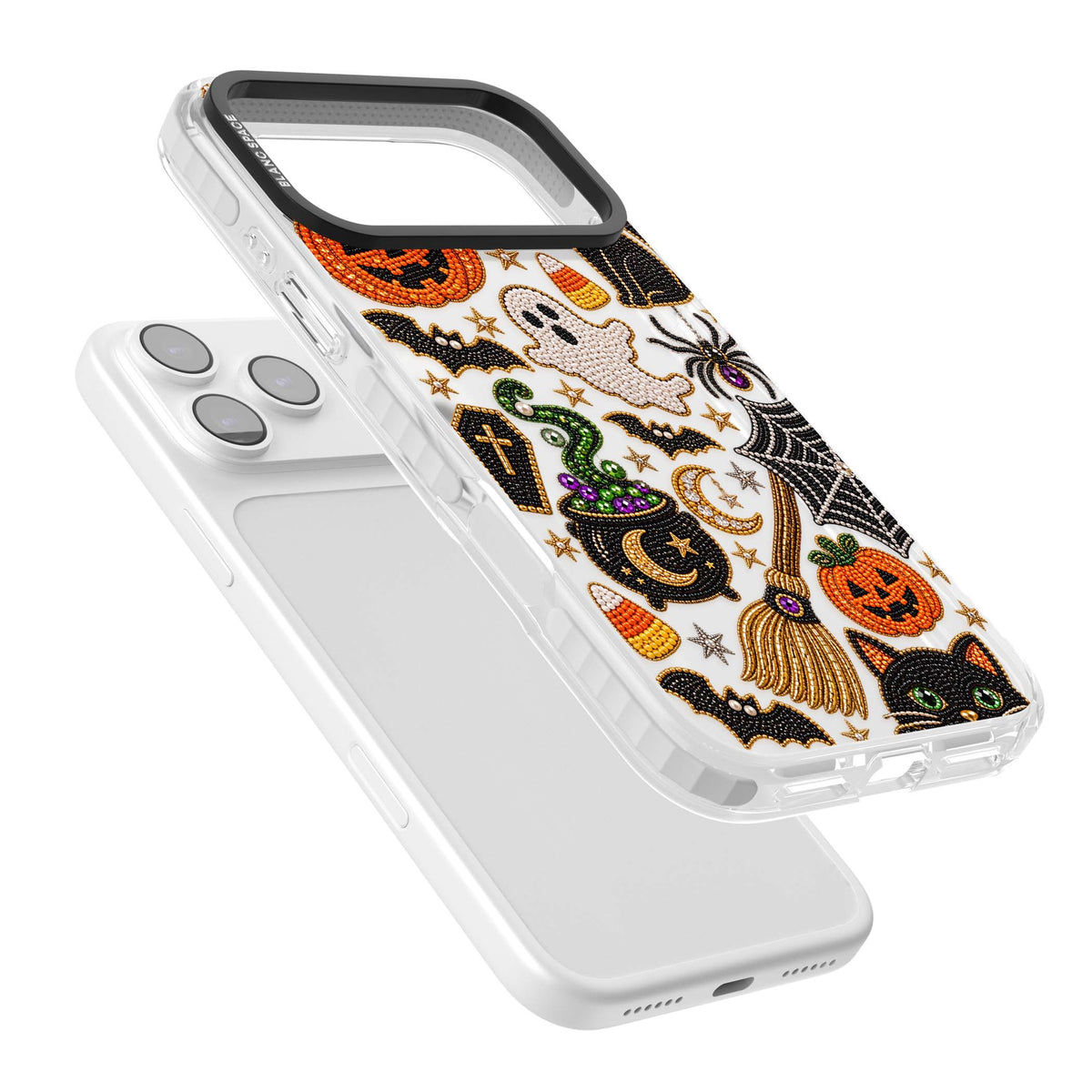 Beaded Halloween Halloween iPhone case featuring beaded pumpkins, ghosts, black cats and bats | Black Impact case for iPhone 17 Pro, iPhone 17 Pro Max