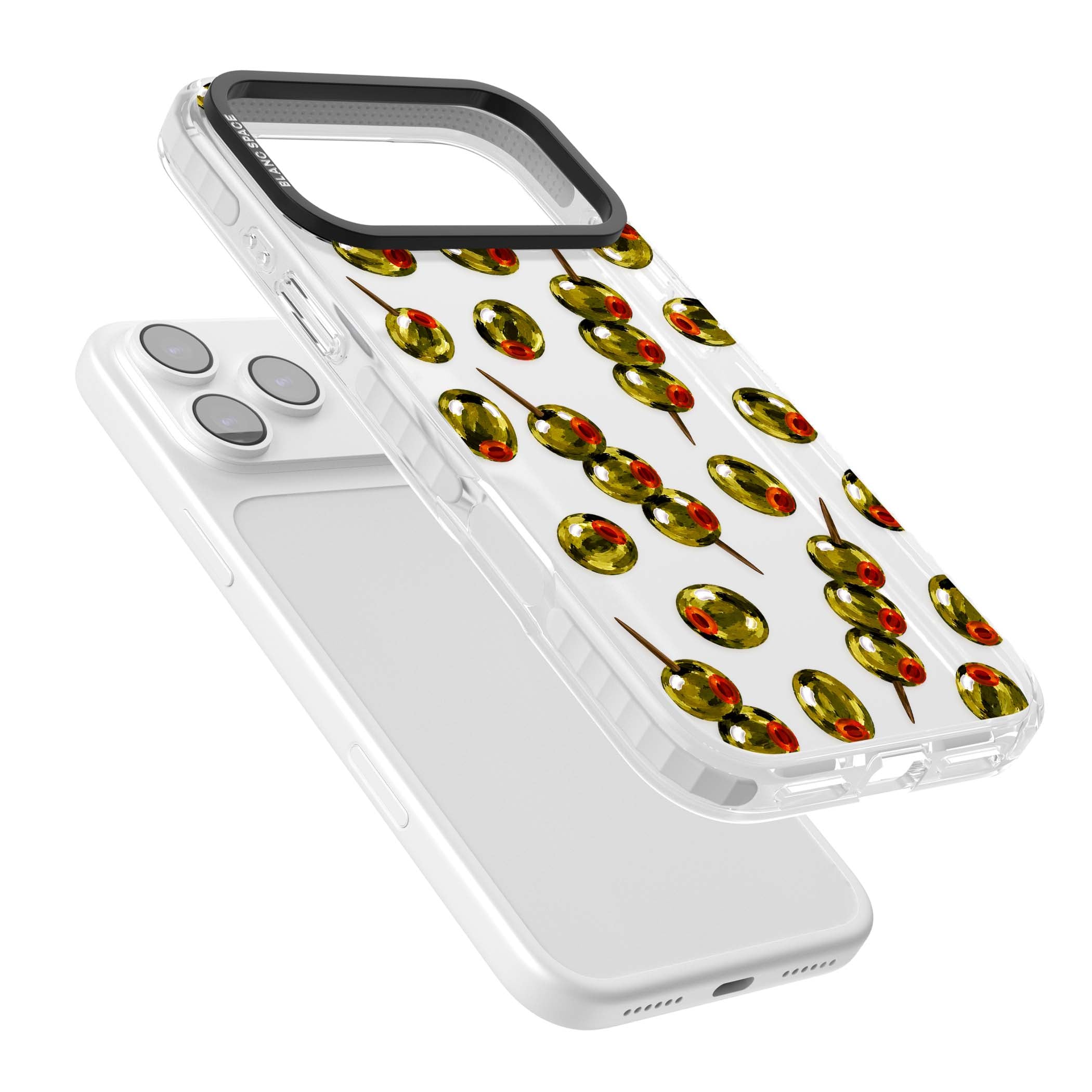 Painted Olives cocktail iPhone case featuring green olives, pimento centres and toothpick skewers on a clear background | Black Impact case for iPhone 17 Pro, iPhone 17 Pro Max