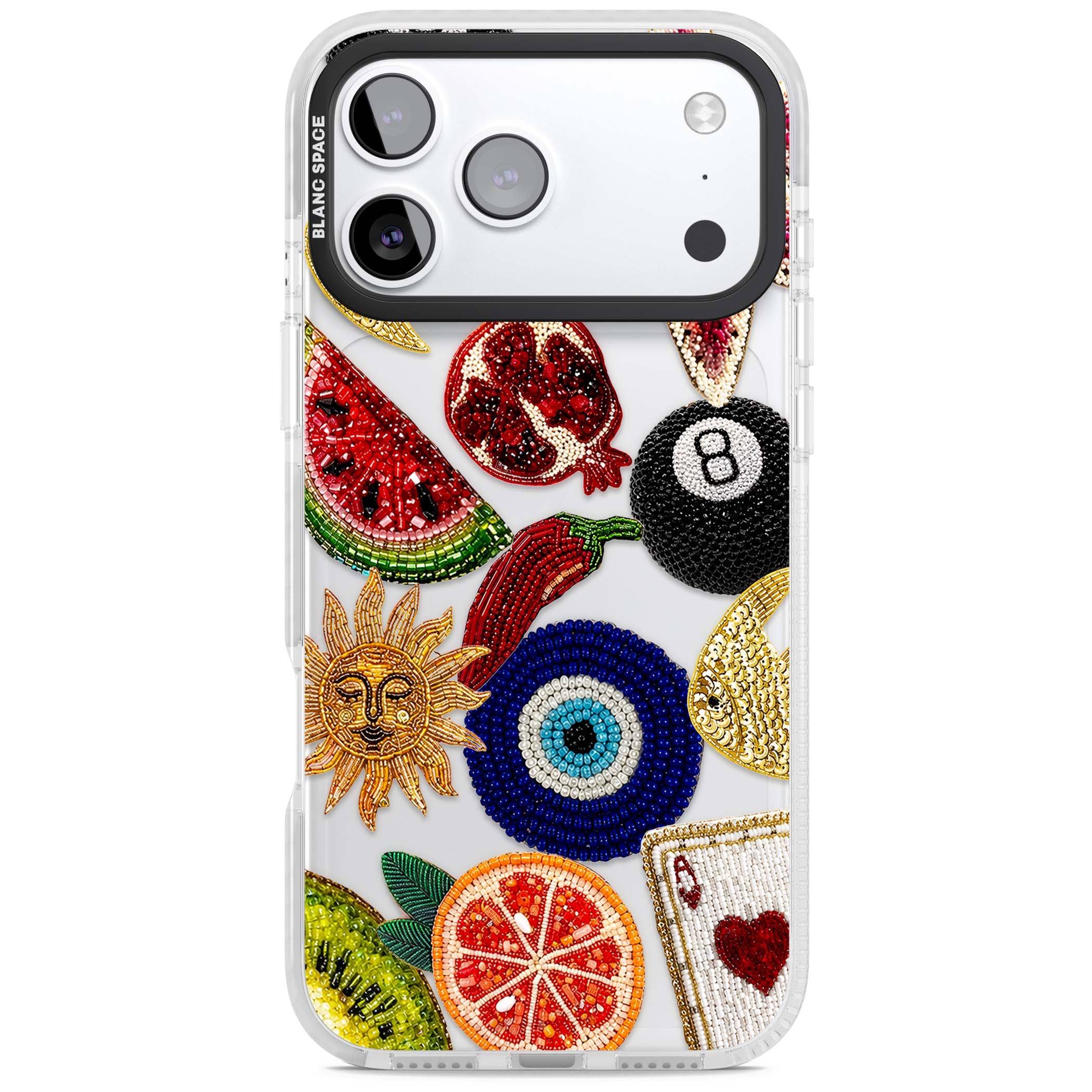 Beaded Charms embroidery iPhone case featuring beaded evil eye, fruit patches and a golden sun motif | Black Impact case for iPhone 17 Pro, iPhone 17 Pro Max