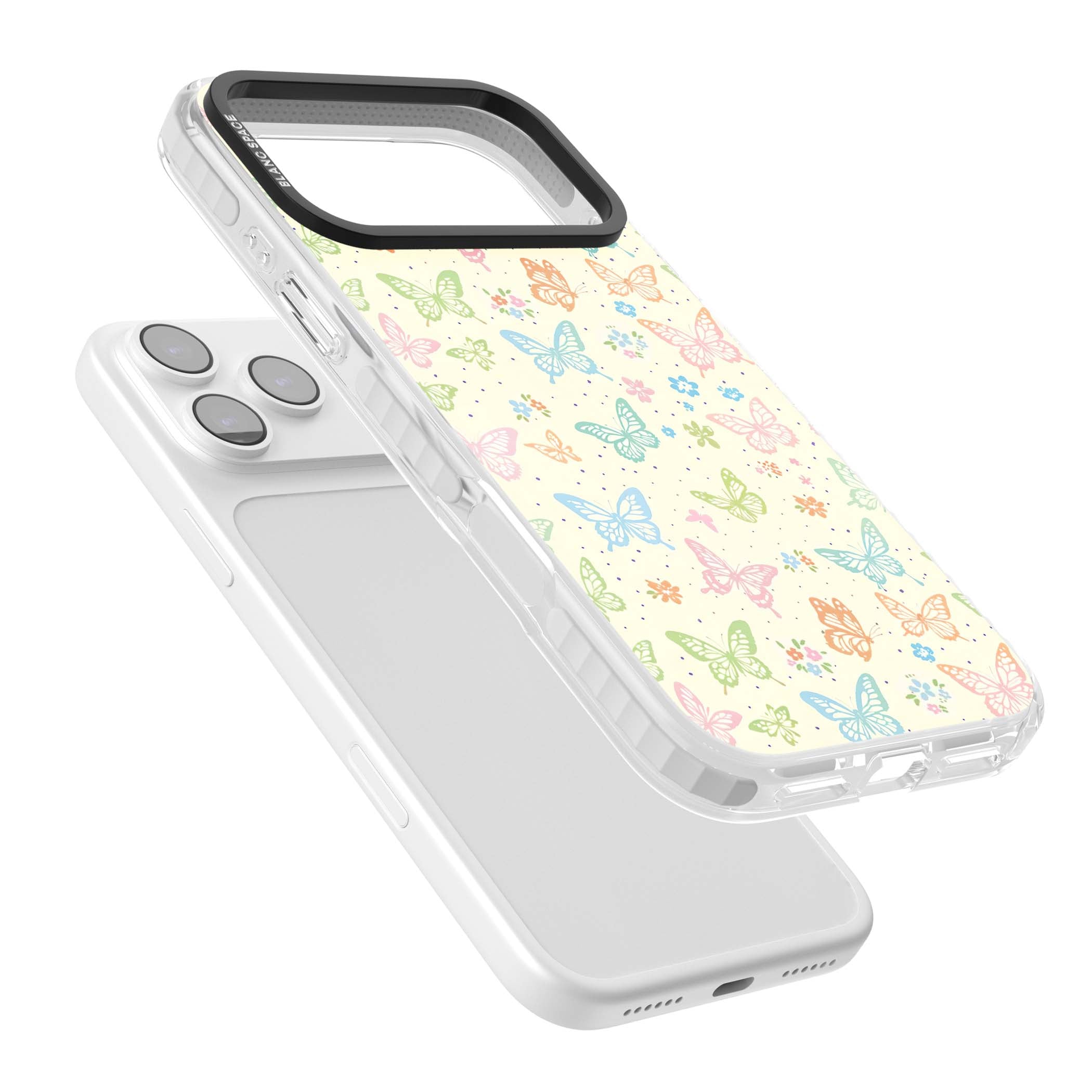 Sugar Wings cottagecore iPhone case featuring rainbow pastel butterflies, tiny wildflowers, and a cream background | Black Impact case for iPhone 17 Pro, iPhone 17 Pro Max