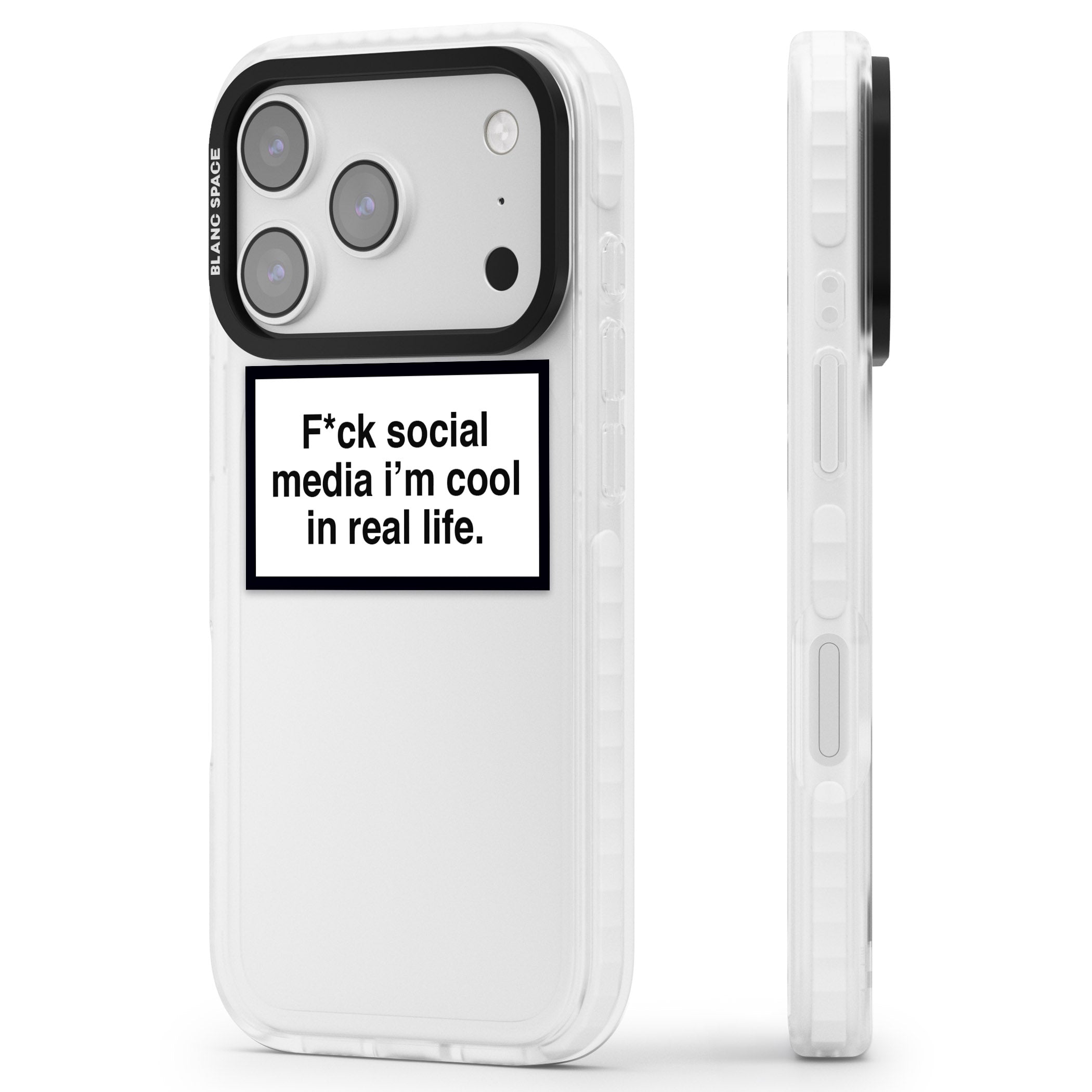 F*Ck Social Media iPhone 17 Pro Impact Clear Phone Case Side Profile