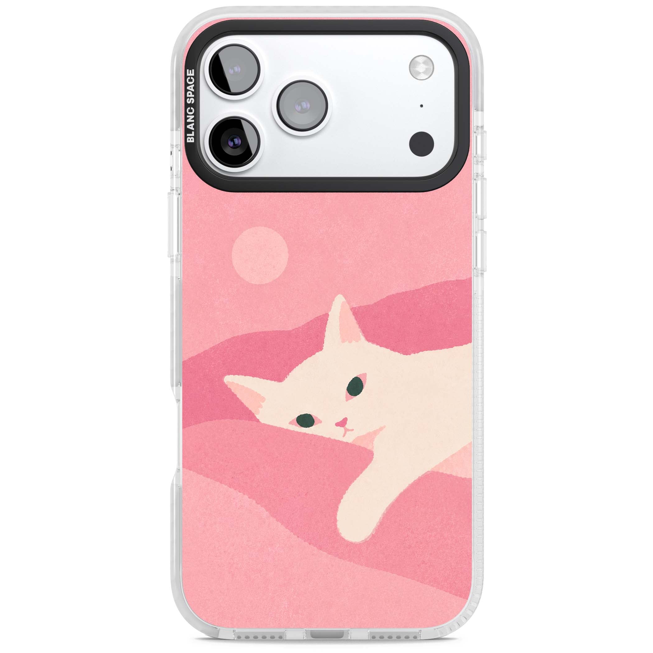 Pink Dreams cute cat iPhone case featuring a white kitten, soft pink hills and a pale pastel sun | Black Impact case for iPhone 17 Pro, iPhone 17 Pro Max