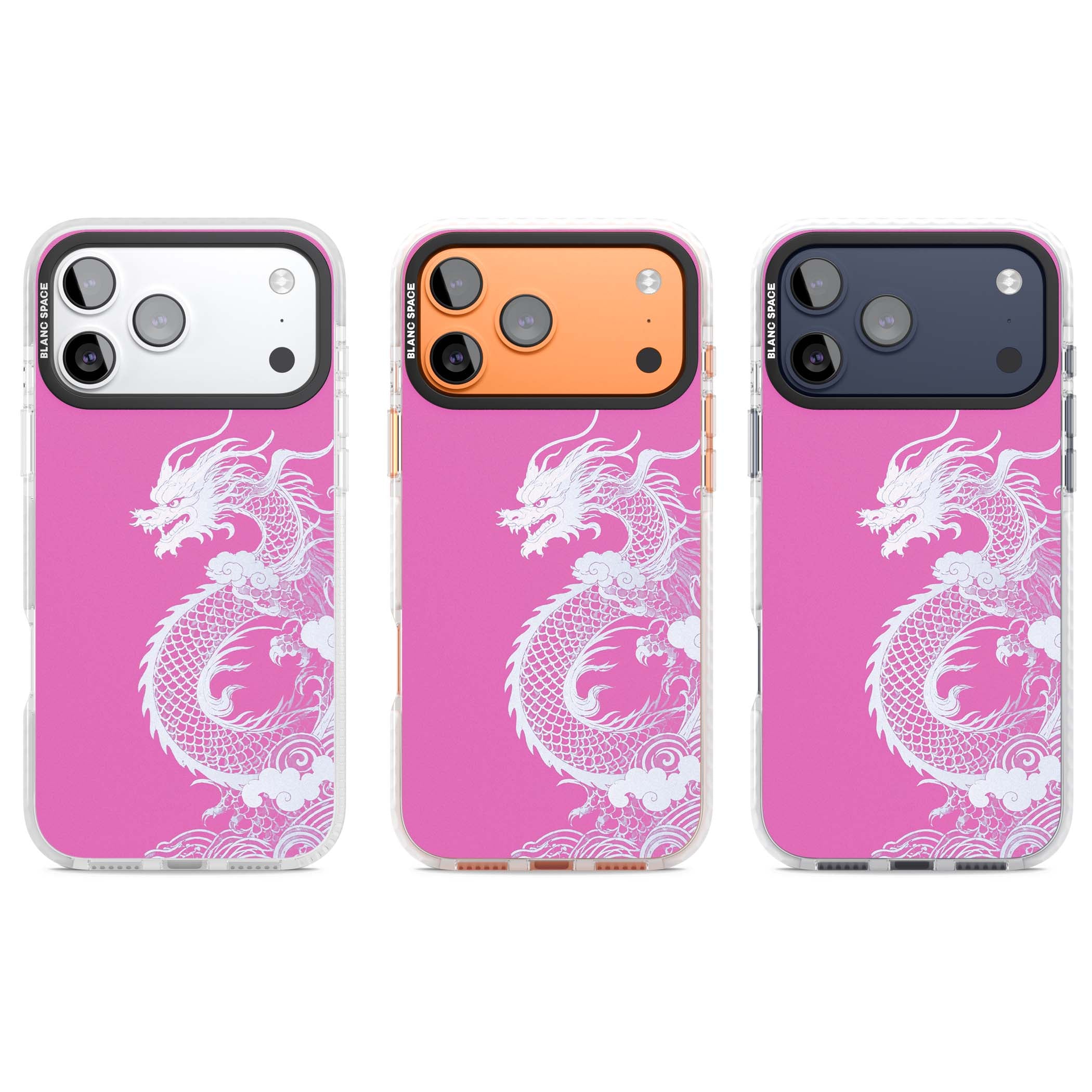 Pink Empress chinese dragon iPhone case featuring a white dragon, swirling clouds and pink dragon wallpaper backdrop | Black Impact case for iPhone 17 Pro, iPhone 17 Pro Max