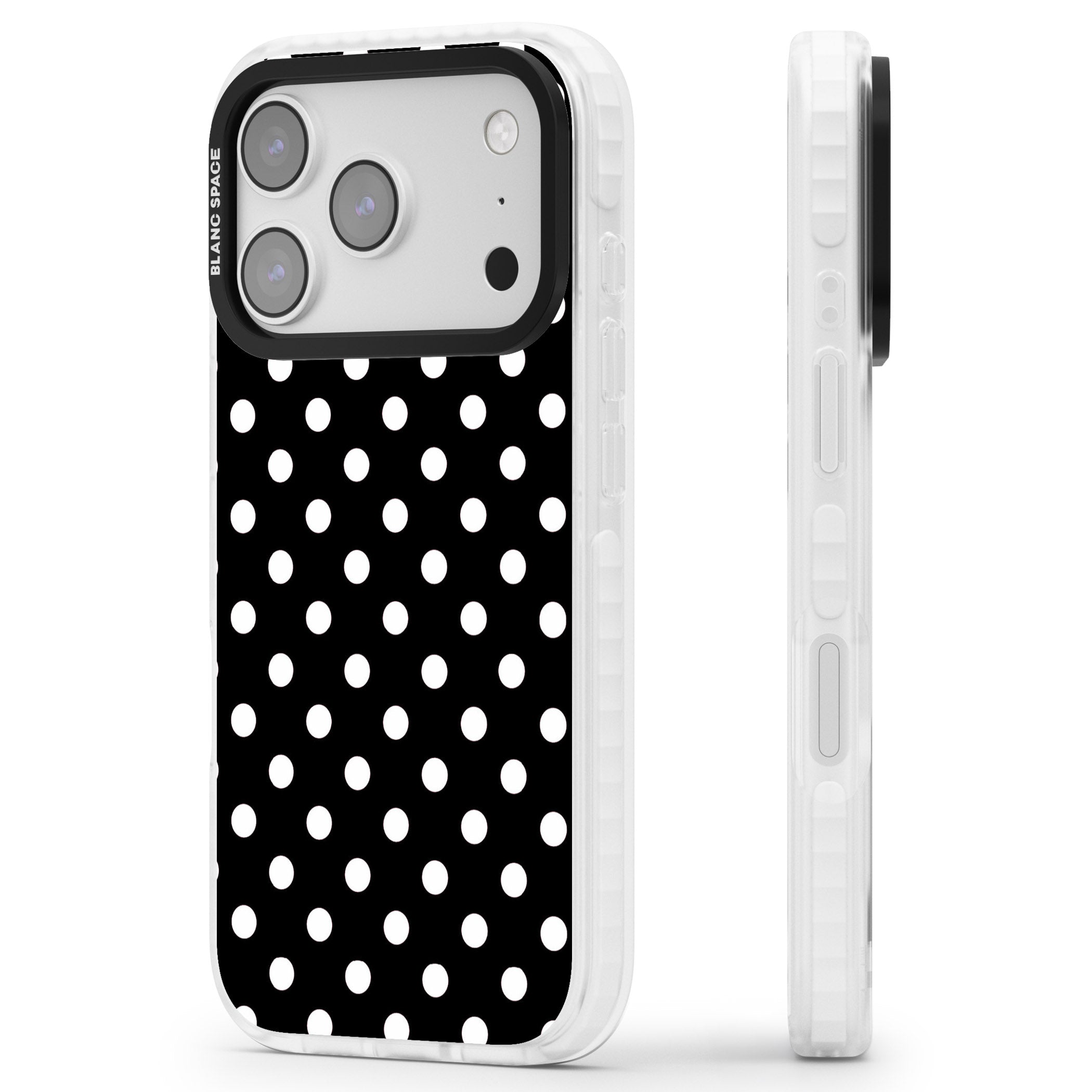 Designer Chic Black Polka Dot iPhone 17 Pro Max Impact Clear Phone Case Side Profile