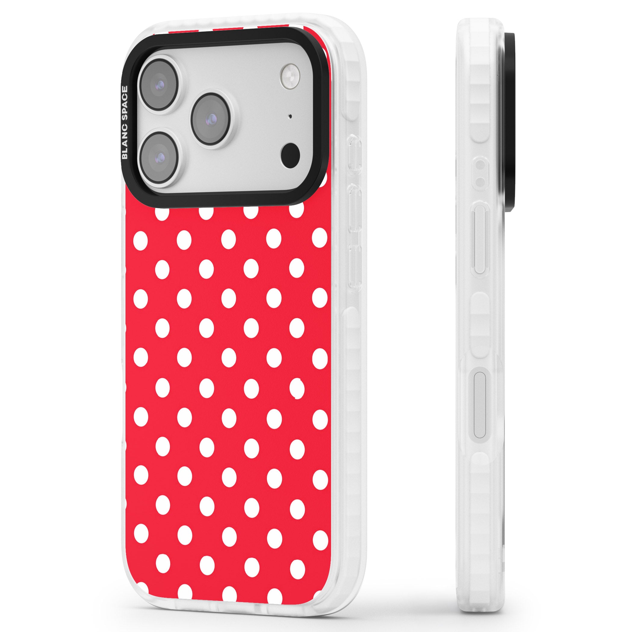 Designer Lava Red Polka Dot iPhone 17 Pro Impact Clear Phone Case Side Profile