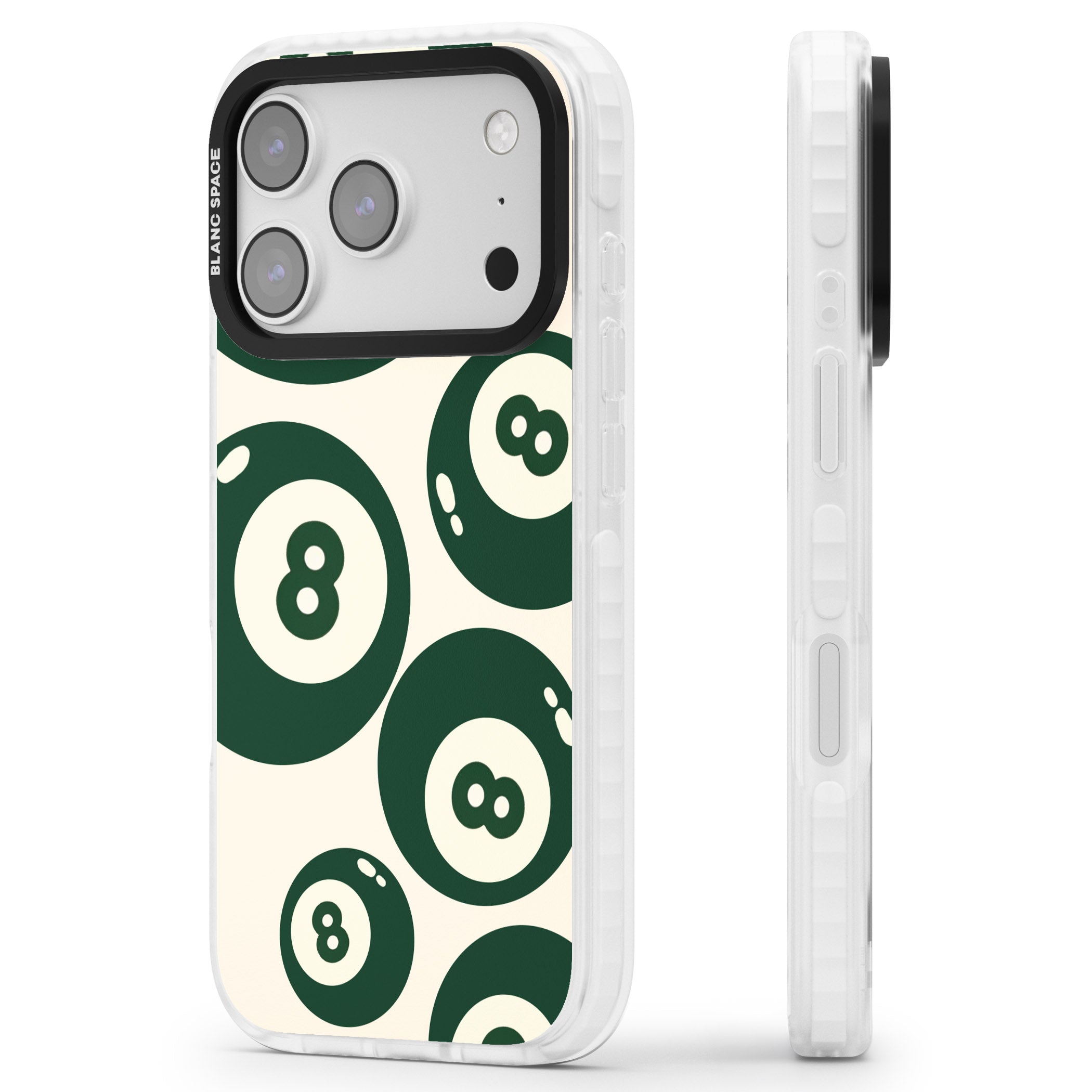 Green Eight Balls iPhone 17 Pro Impact Clear Phone Case Side Profile